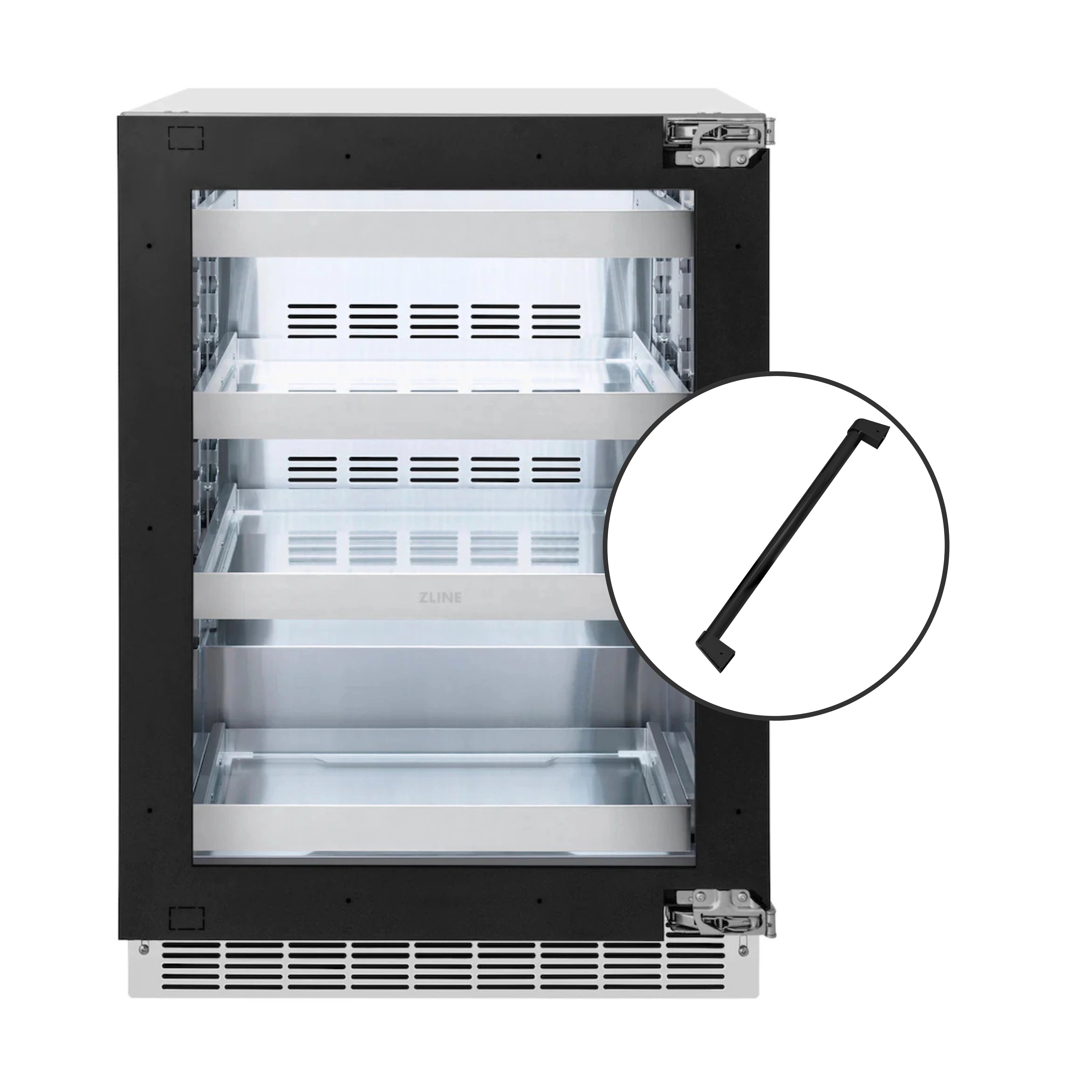 Black beverage fridge with open glass door and interior shelves, with handle detail