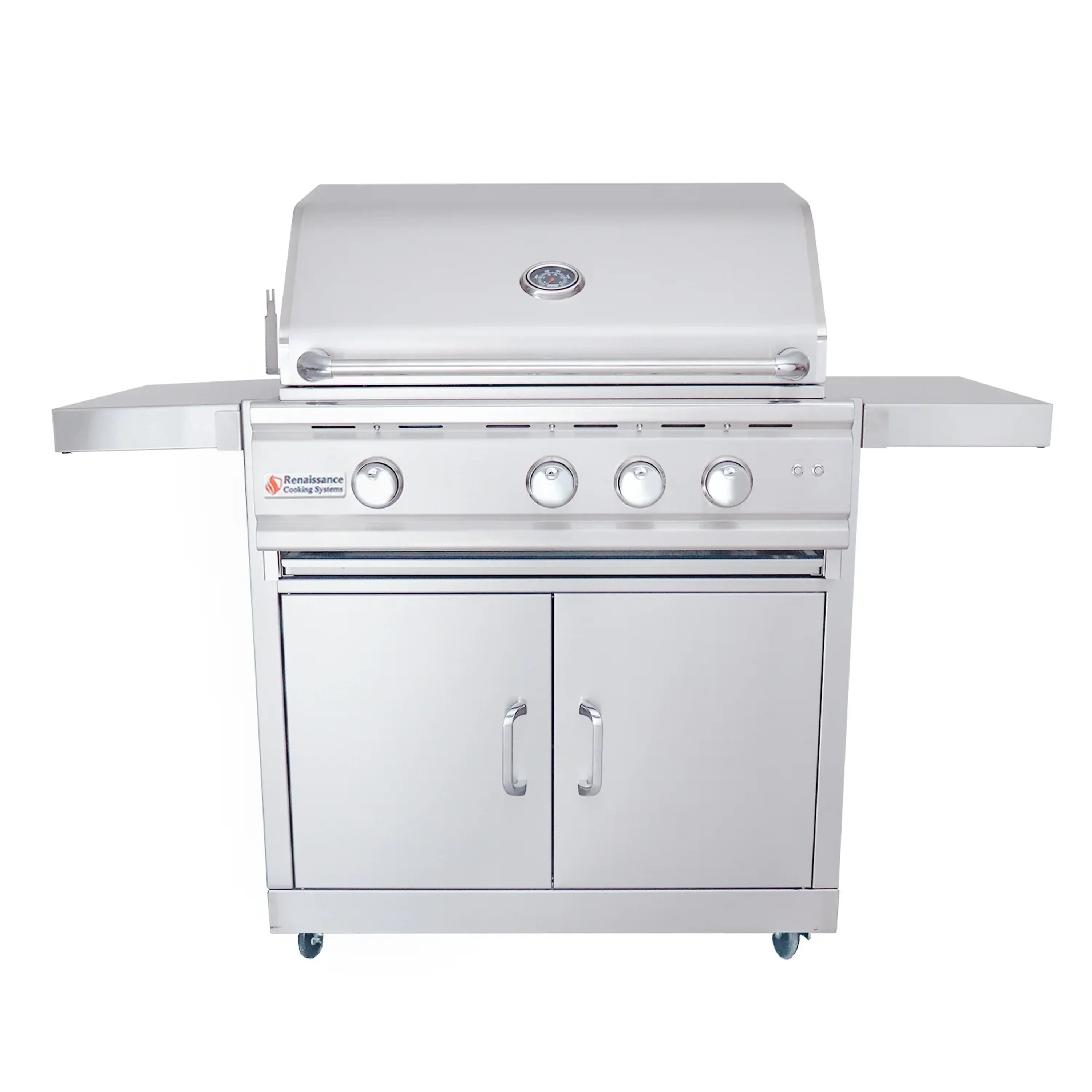 Stainless steel gas grill with front control knobs and side shelf