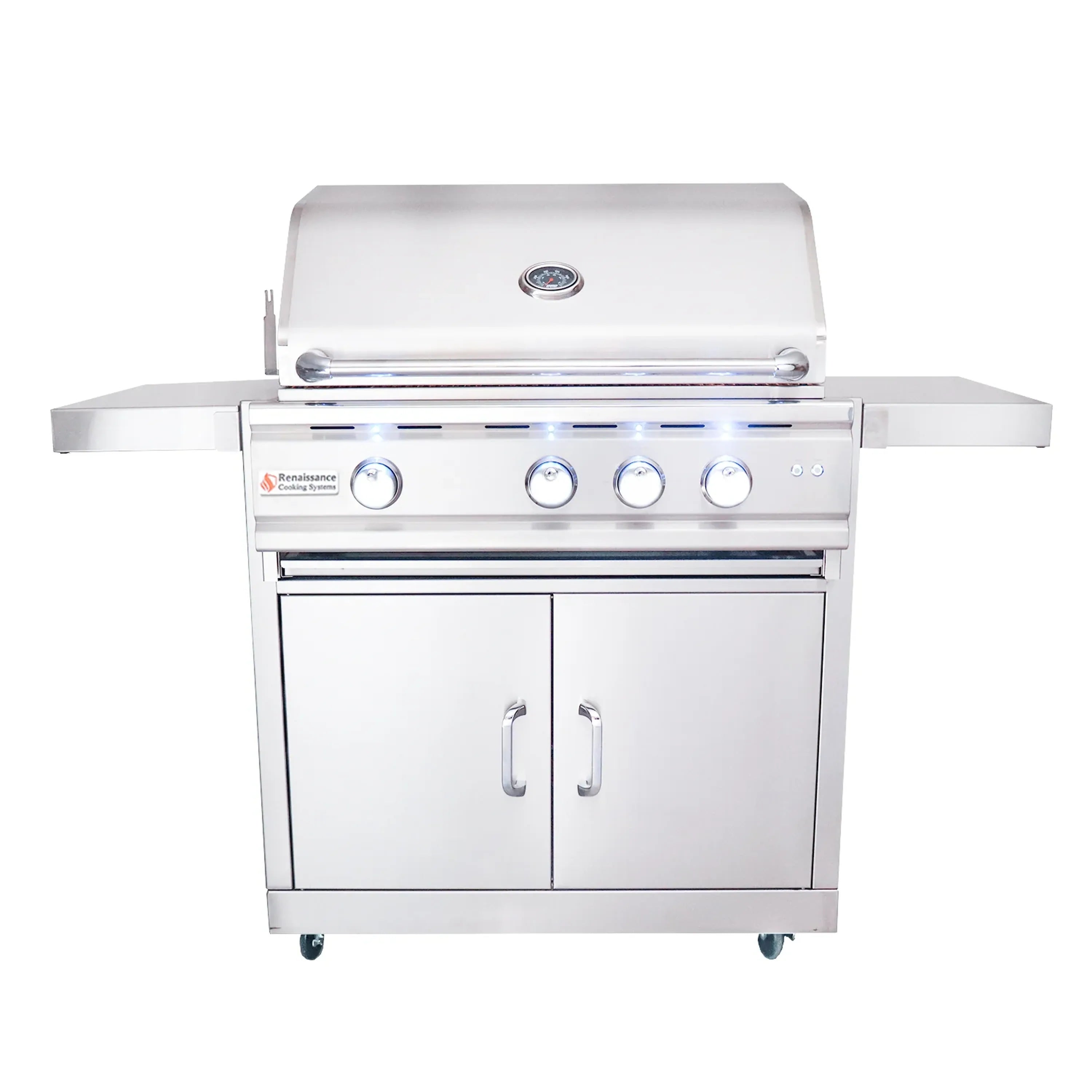 Stainless steel gas grill with blue LED burner lights and front control knobs