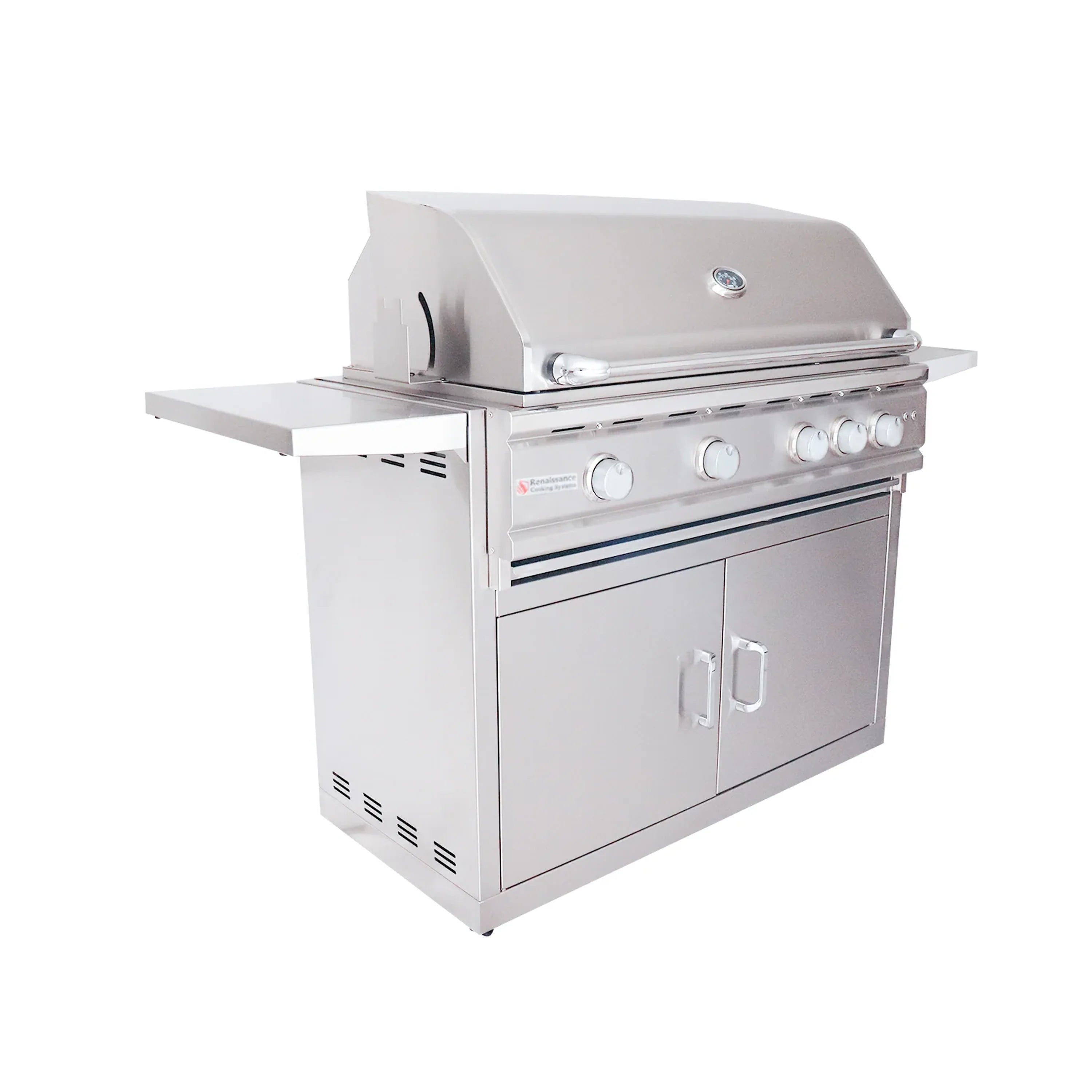 Stainless steel gas grill in angled view with side shelf and front control panel