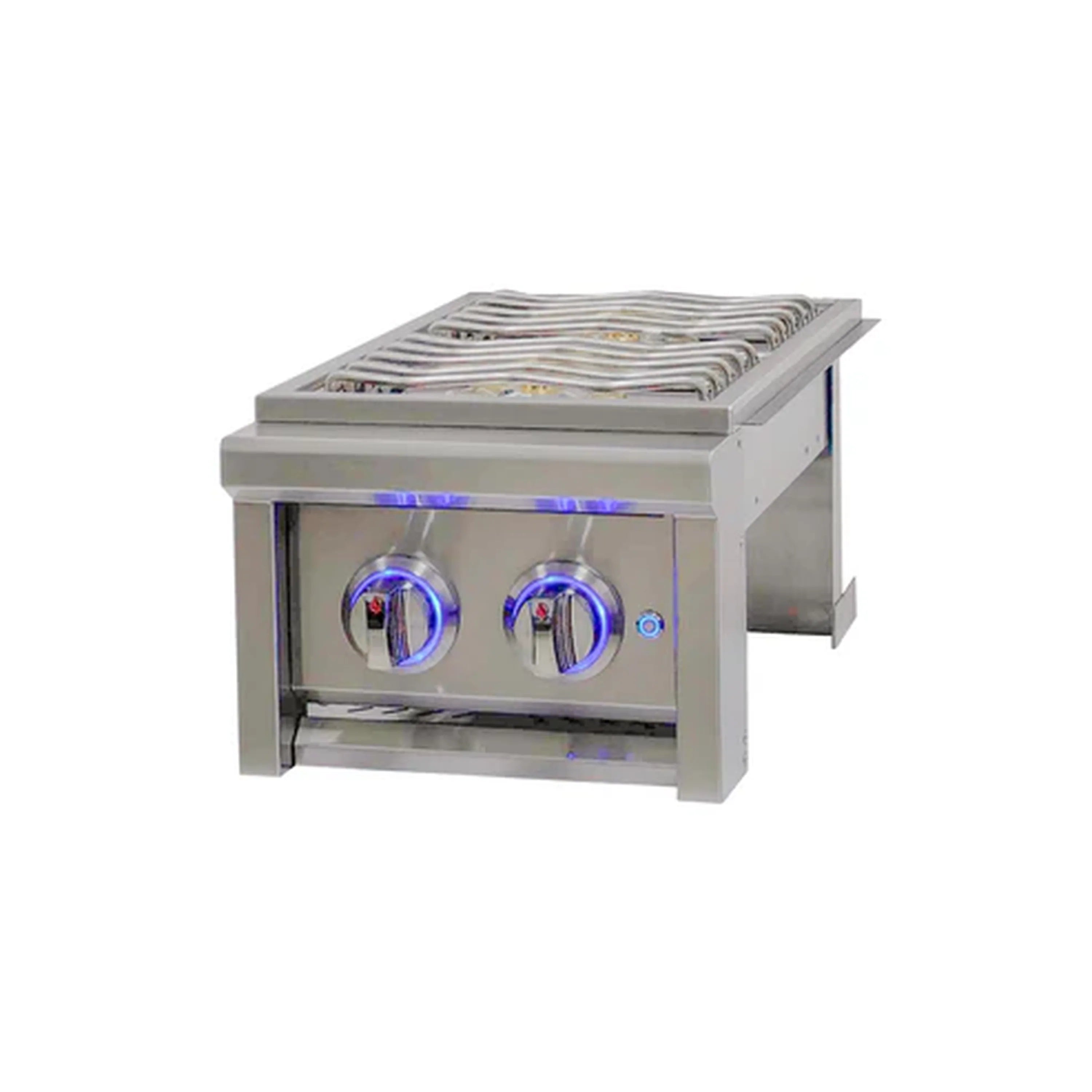 Stainless steel double propane side burner with two blue-lit color-changing knobs and grates