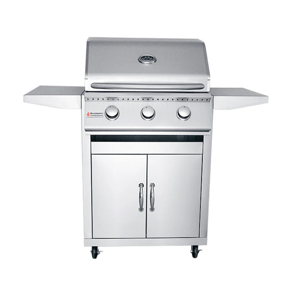 26-inch natural gas grill with cart, stainless steel cabinet and side shelves, front view