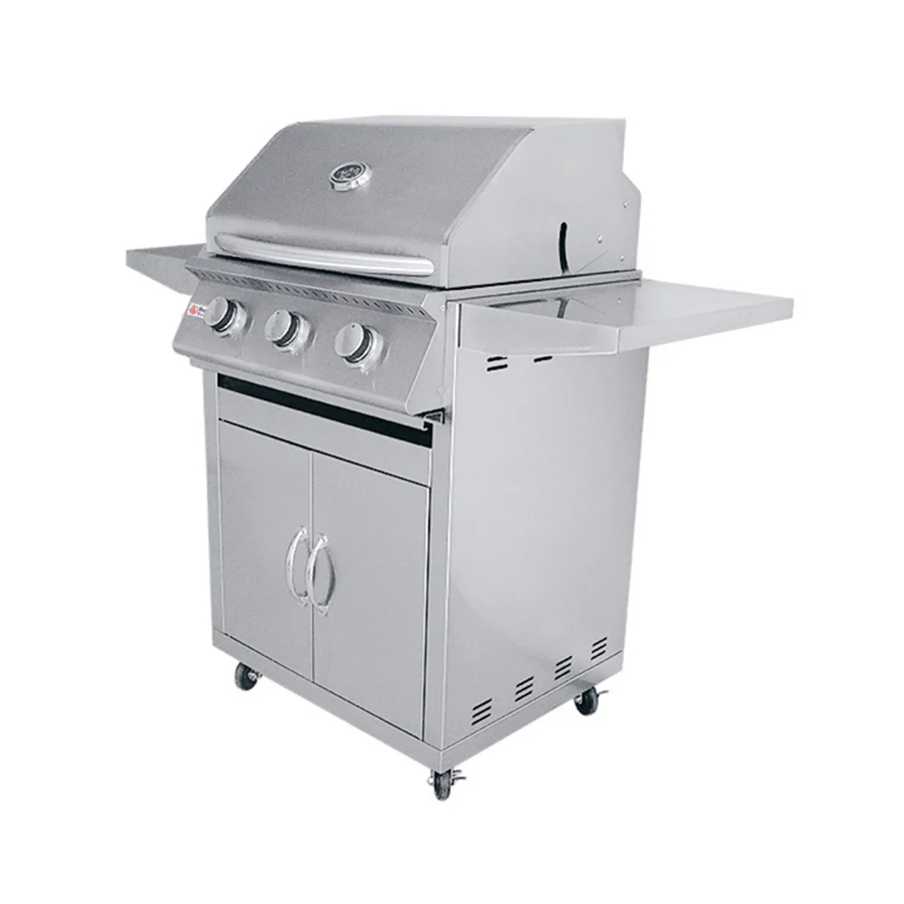 26-inch natural gas grill with cart, stainless steel body, open side panel and control knobs