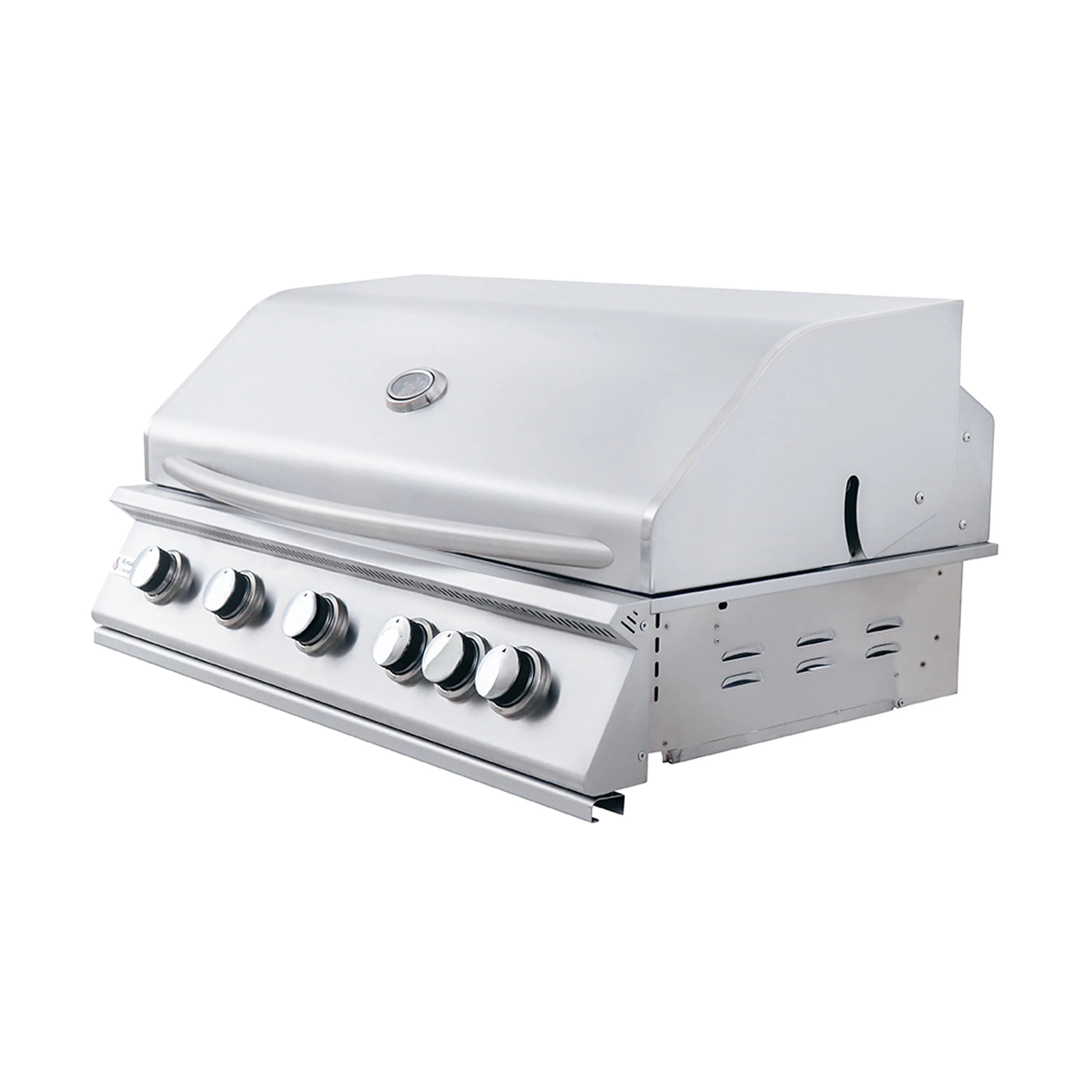 Stainless steel propane gas grill with side control knobs and open front firebox