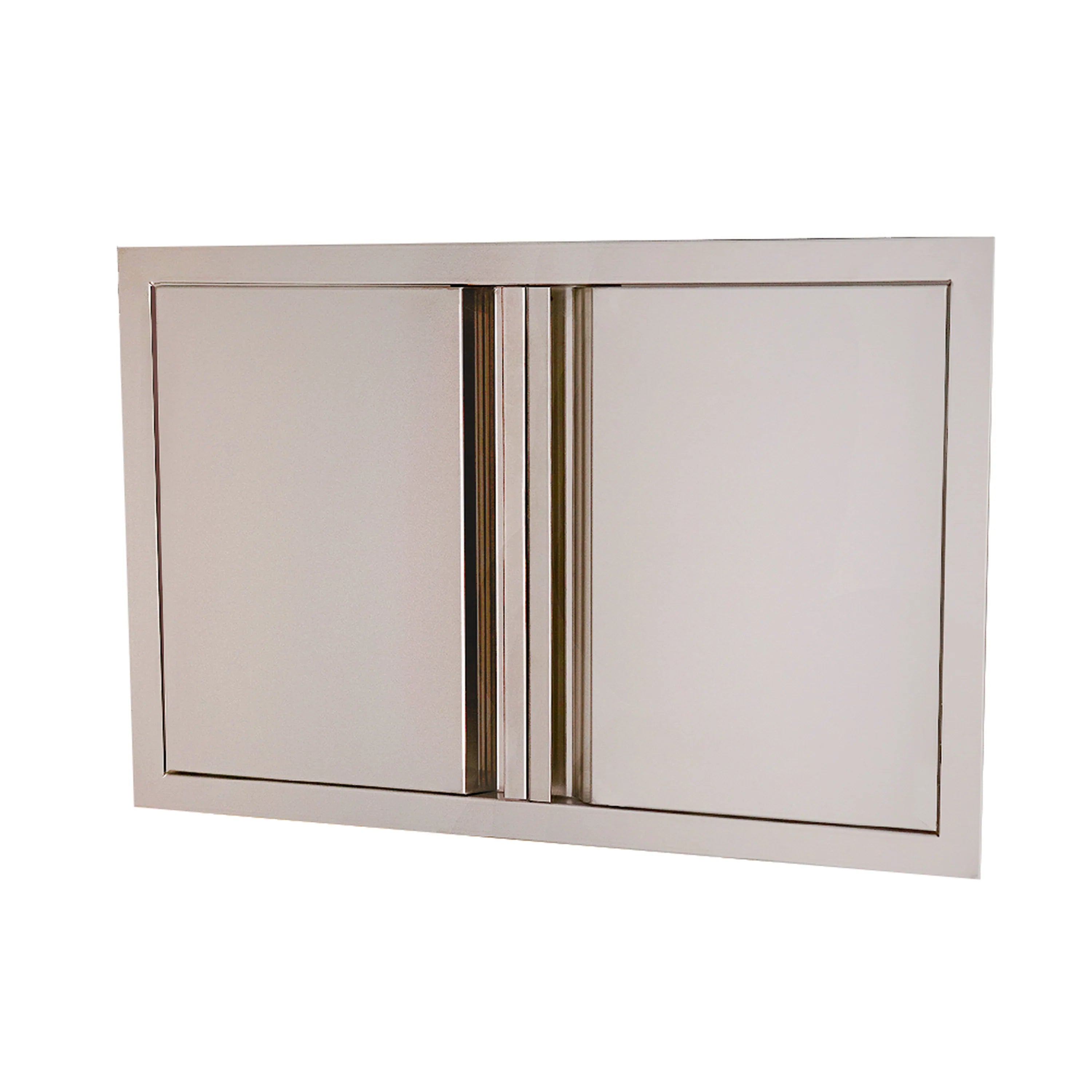 Stainless steel double cabinet doors with vertical center strip and soft-close rails