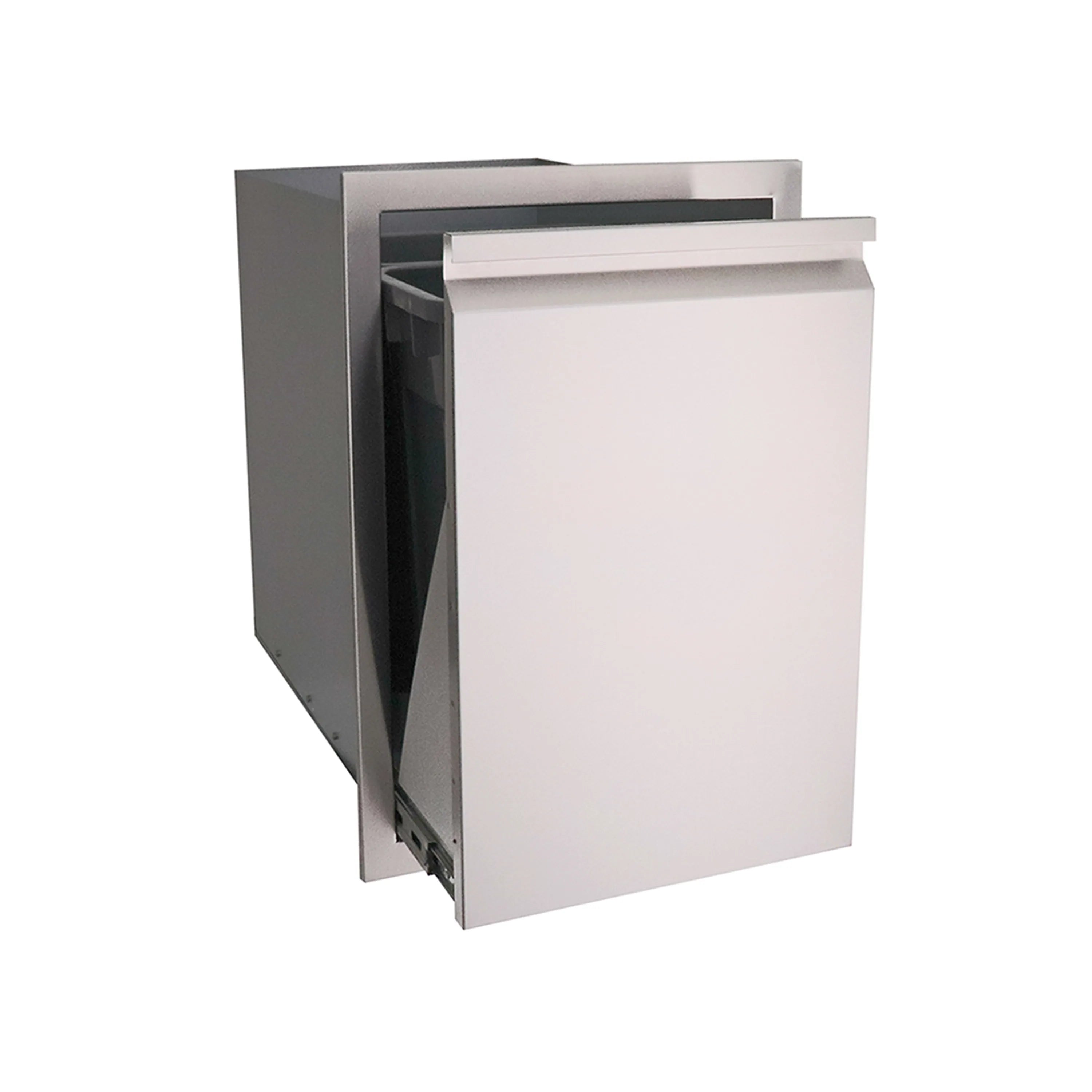 Stainless steel double trash drawer showing open doors and internal bins.