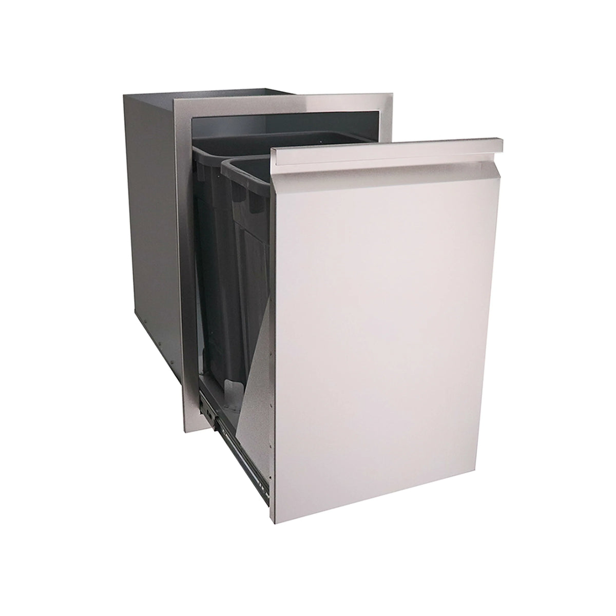 Stainless steel double trash drawer with open doors and dark waste liners visible.