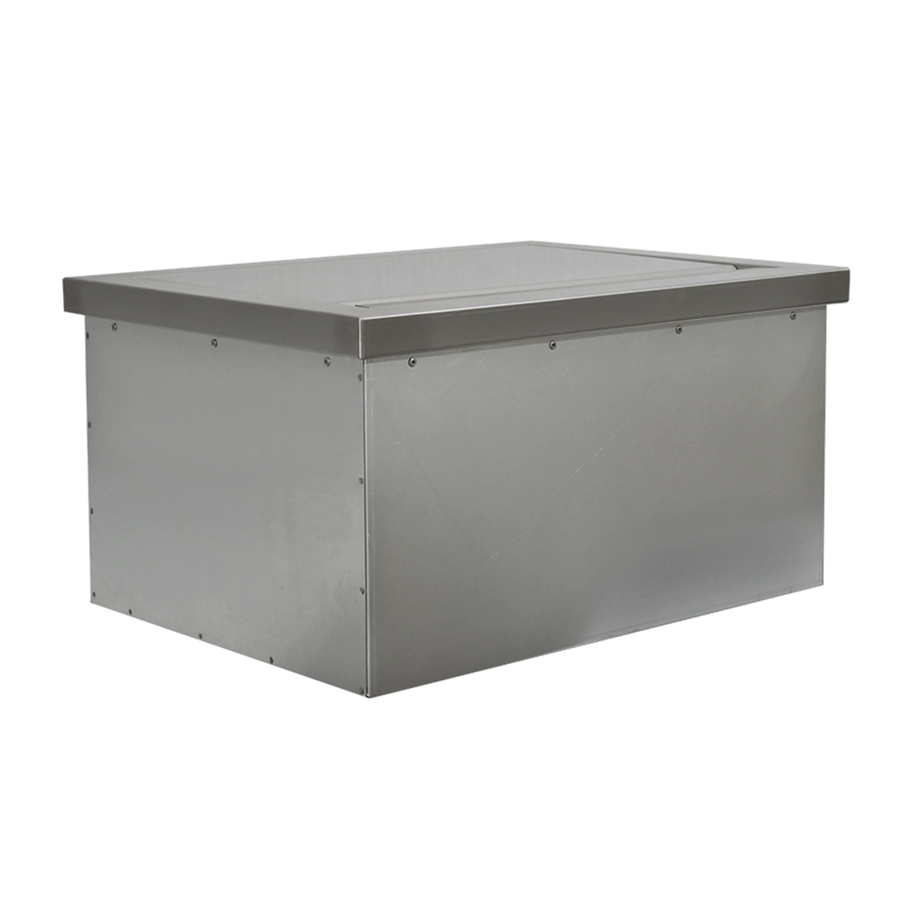 Stainless steel drop-in ice cooler container with removable hinged lid, rectangular