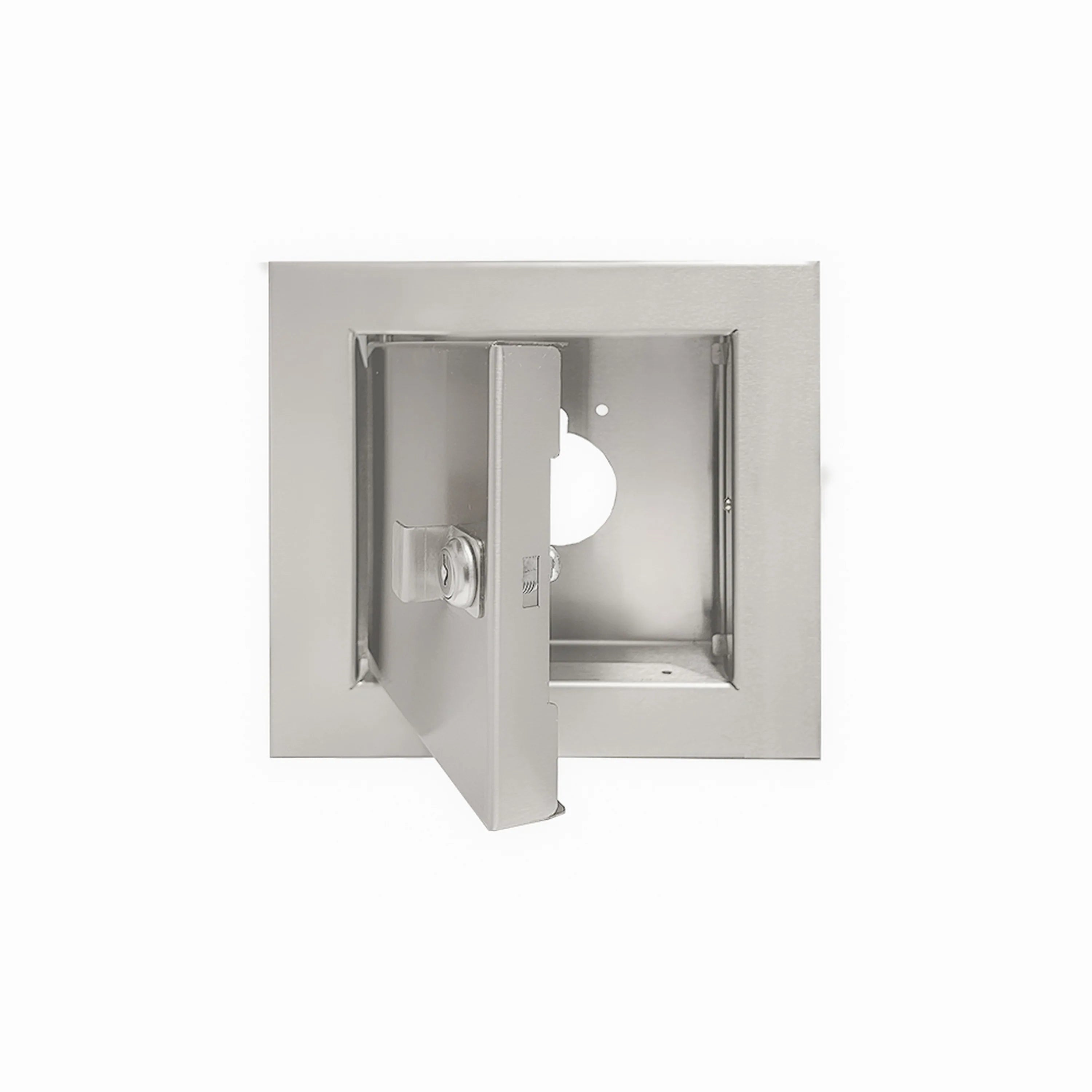 Metal gas timer box with mounting bracket and access door, industrial gray.