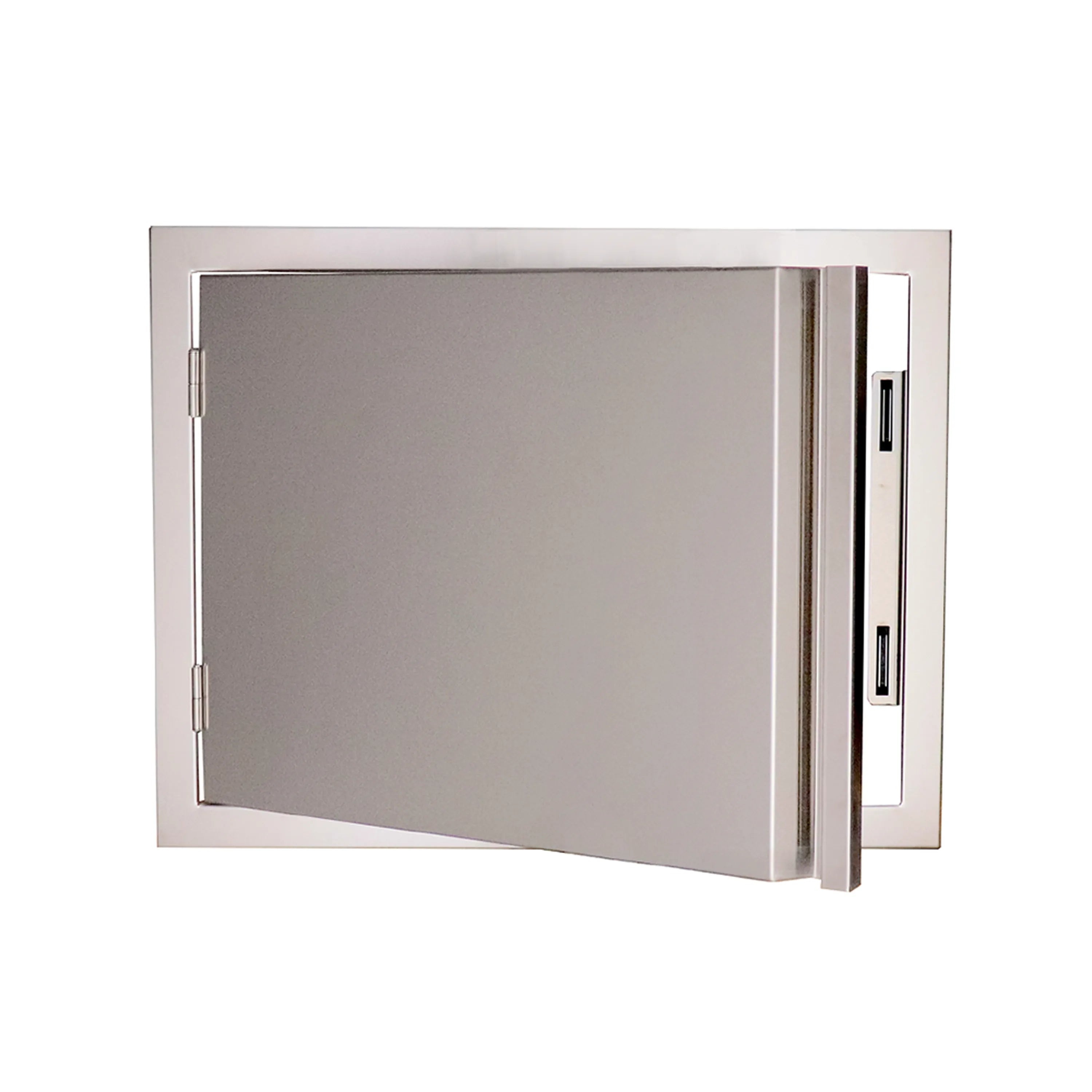 Horizontal access door with side opening, brushed metal frame and latch hardware