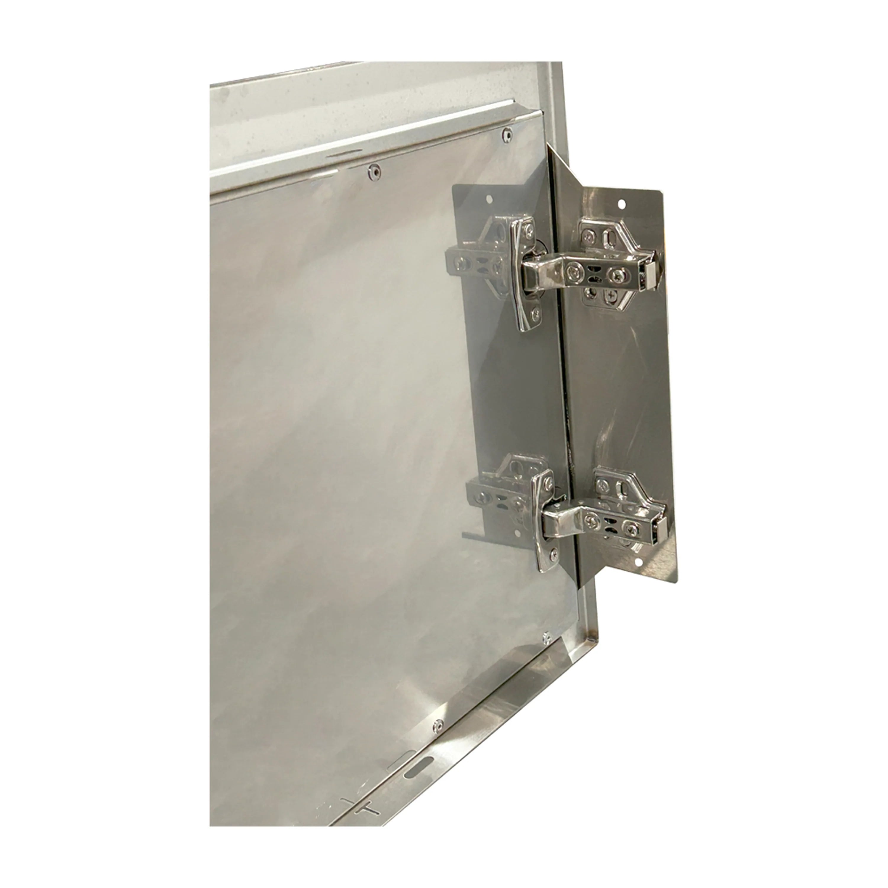 Stainless vertical door with soft-close hinge and latch assembly, left-swing