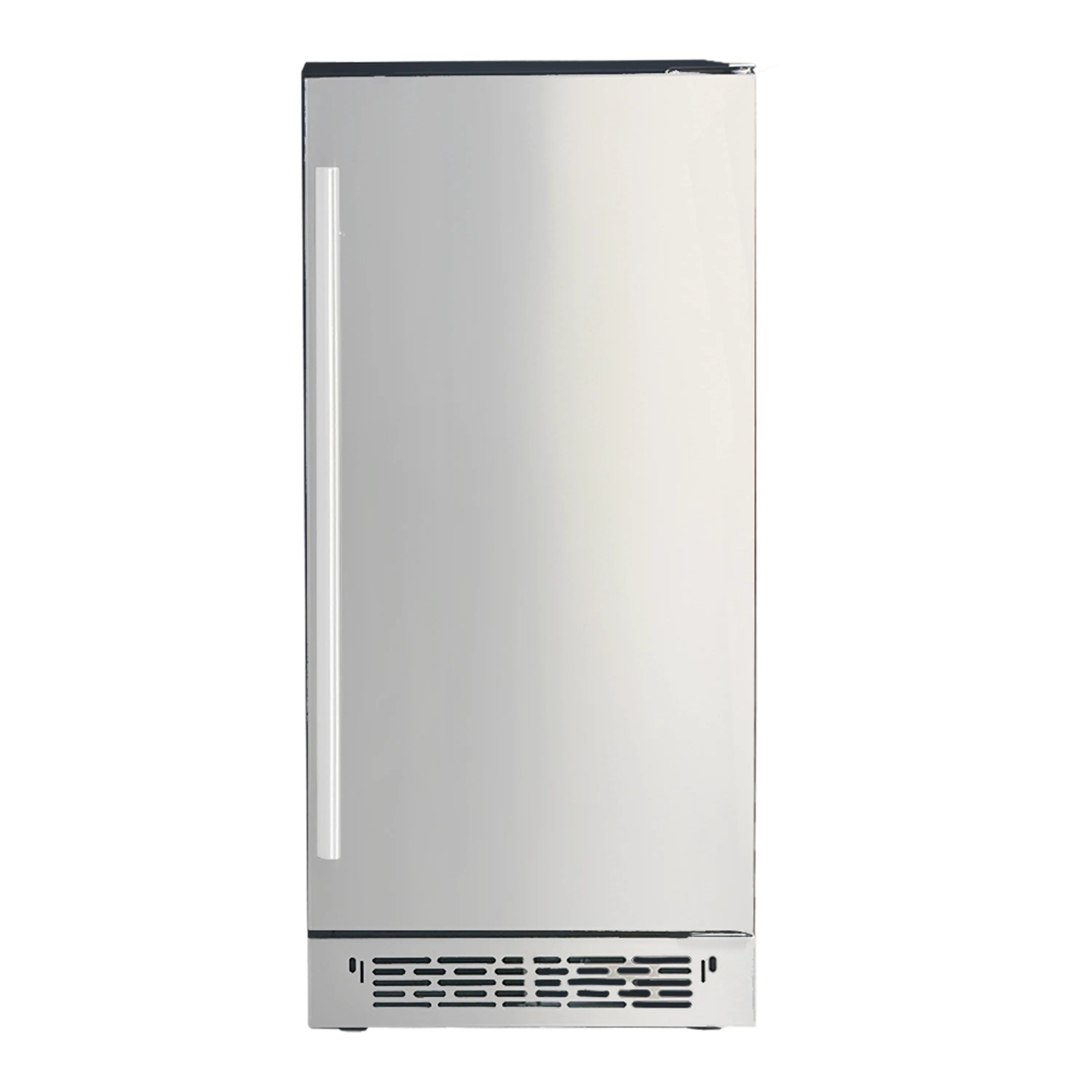 Stainless steel nugget ice maker with closed front door and vented base