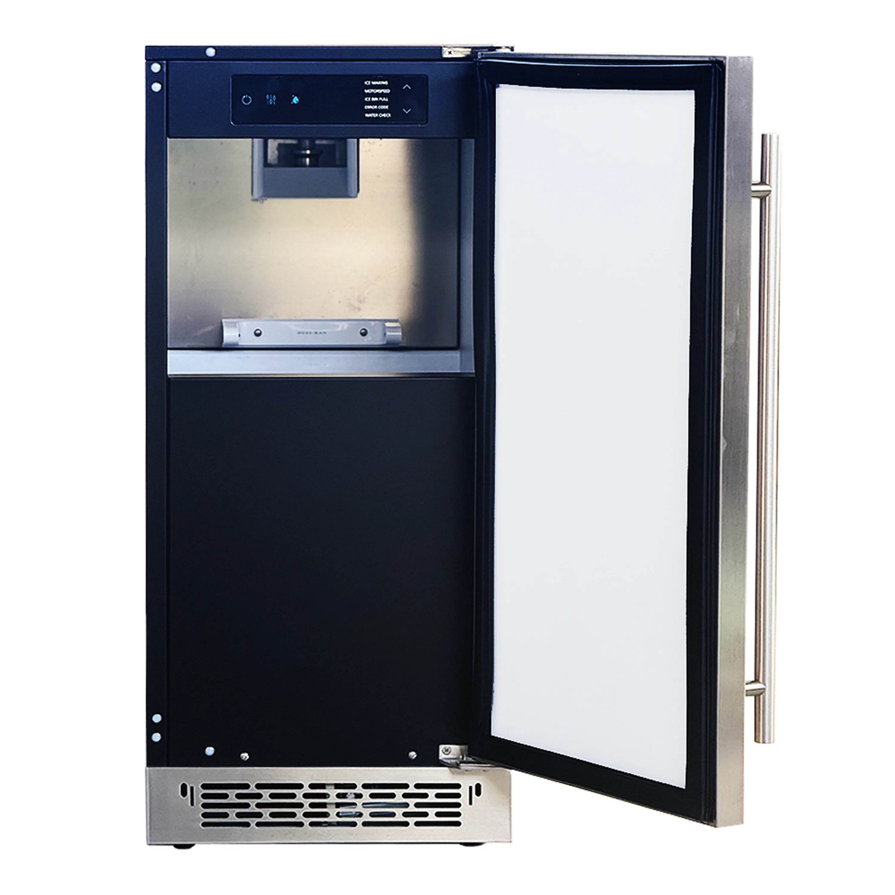 Stainless steel nugget ice maker with open door and front control panel
