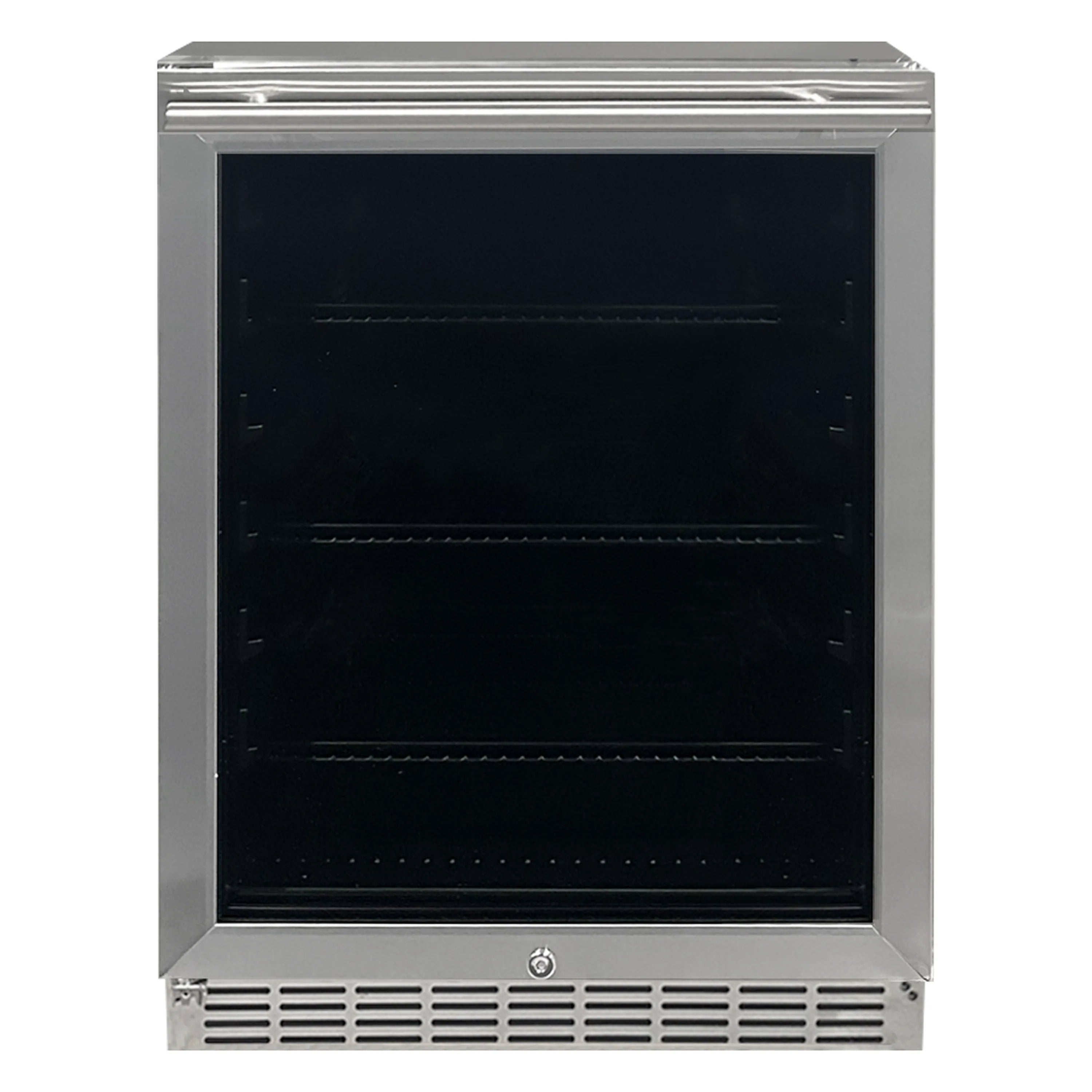 Stainless outdoor refrigerator with reversible glass door and black interior