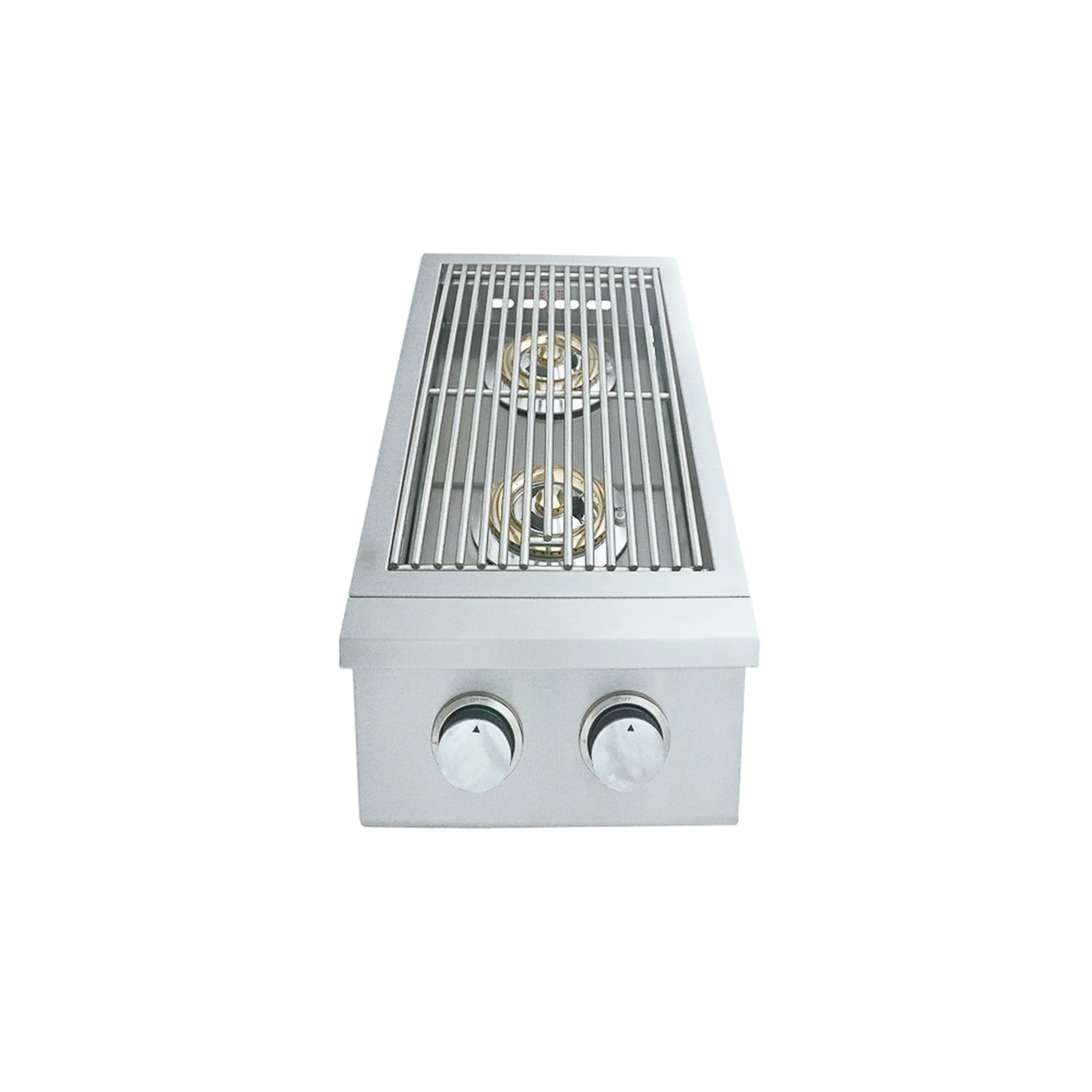 Stainless steel double side burner with open hood and two round control knobs