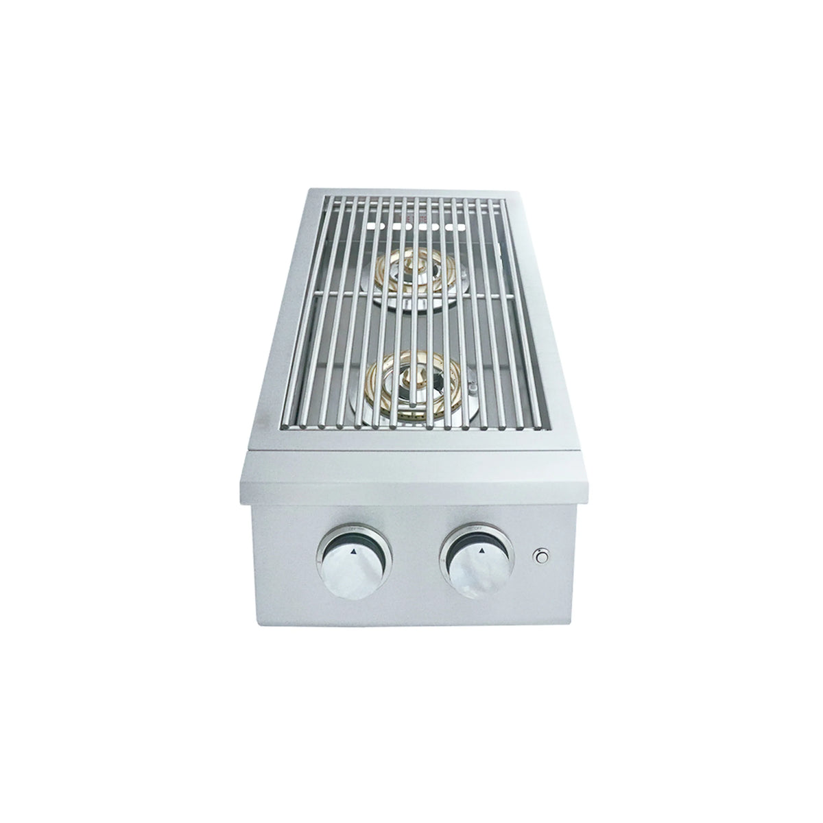 Stainless steel double side gas burner with open grate showing blue flame