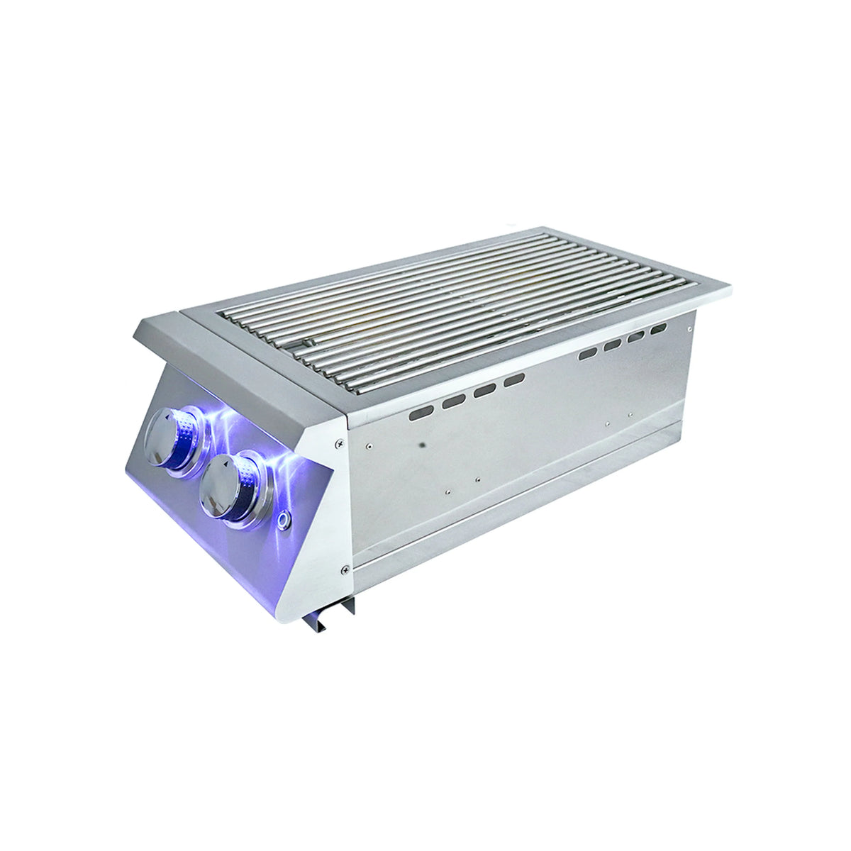 Stainless steel double side gas burner with ribbed grate and two control knobs