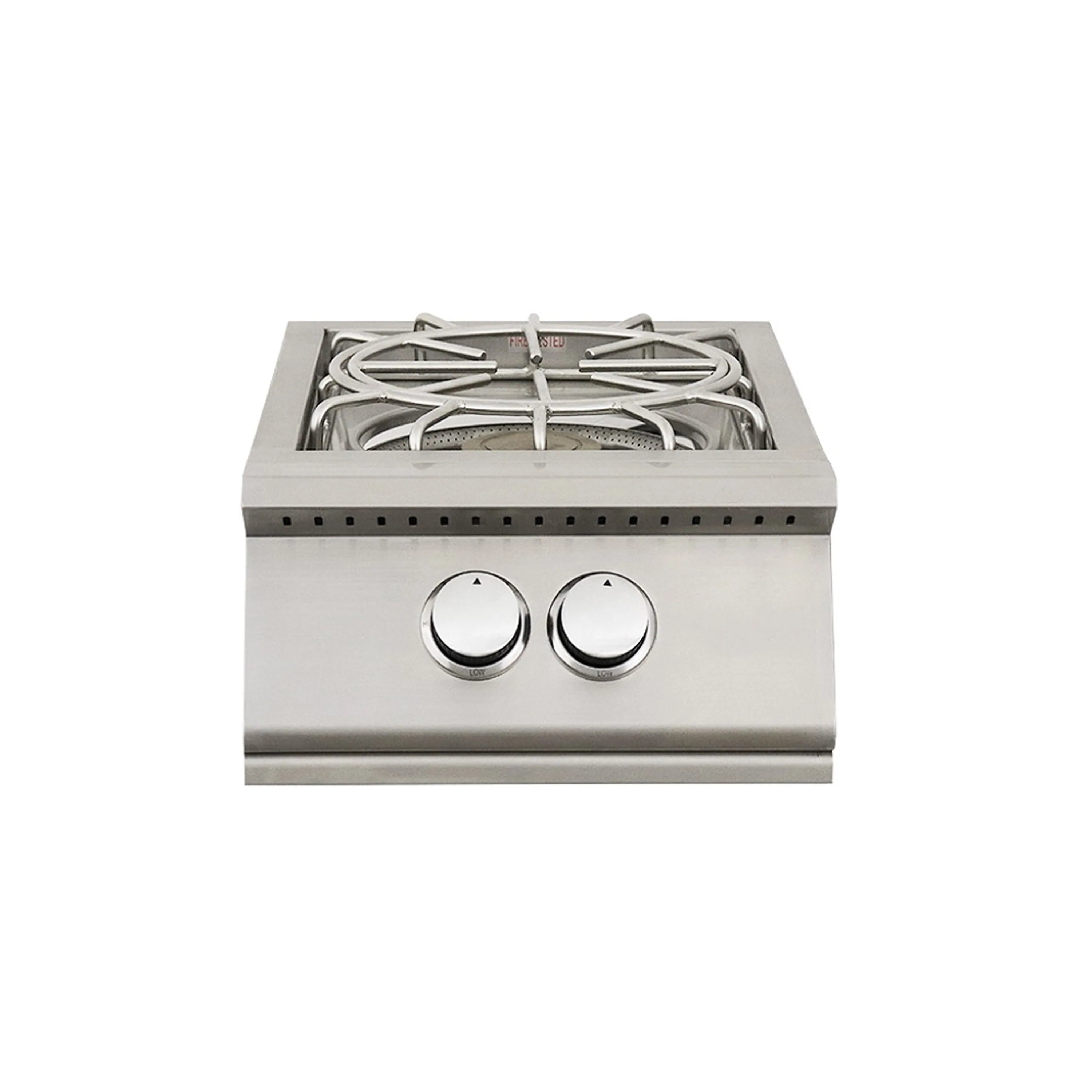 Natural gas power burner with two front knobs and stainless open grate