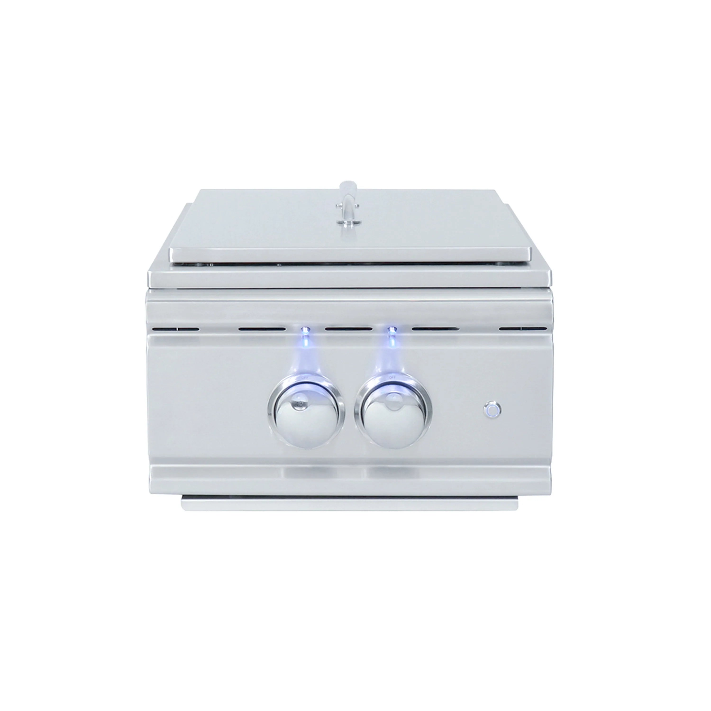 Stainless steel propane side burner with blue LED indicators and two control knobs