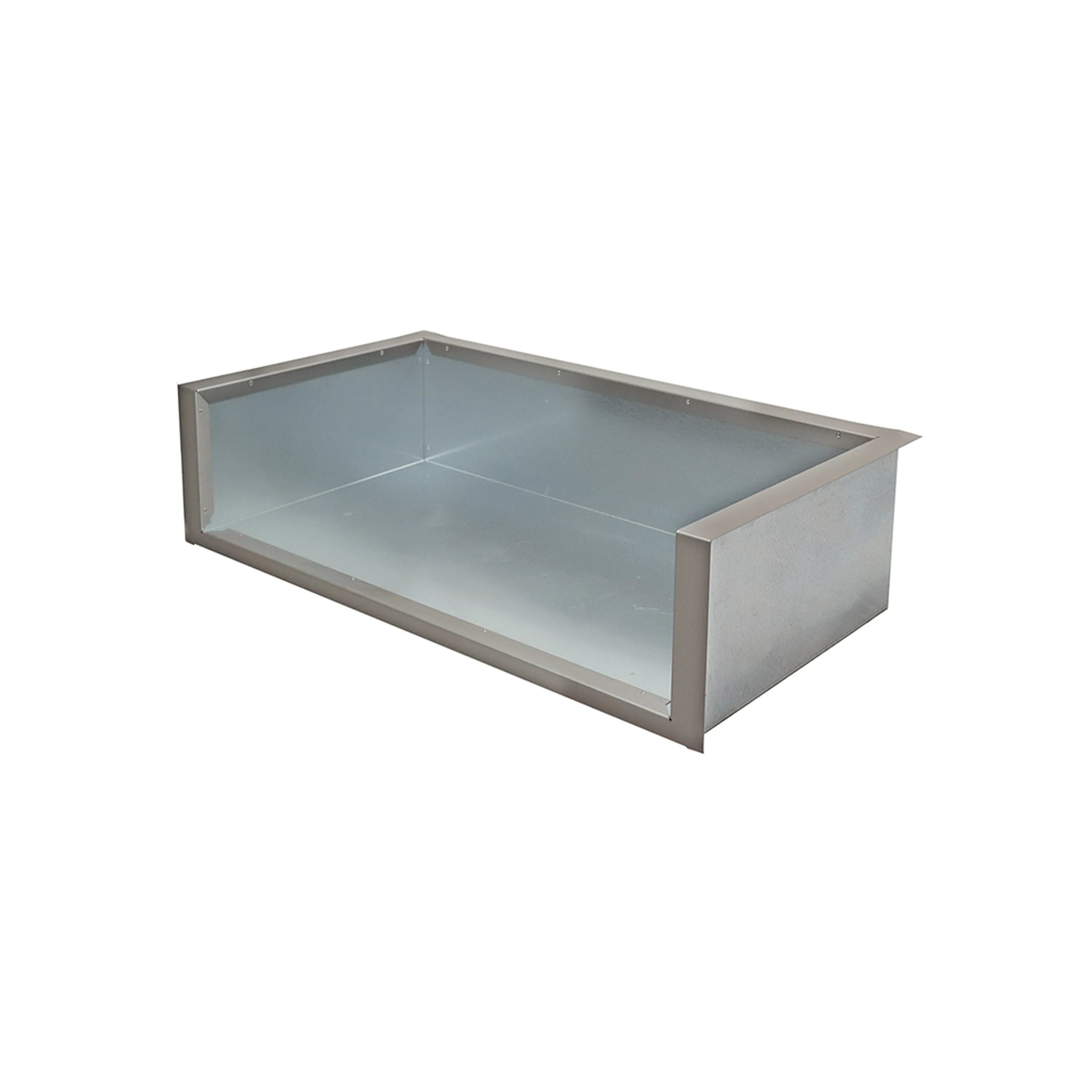 Stainless steel grill liner jacket tray with open top and light blue interior