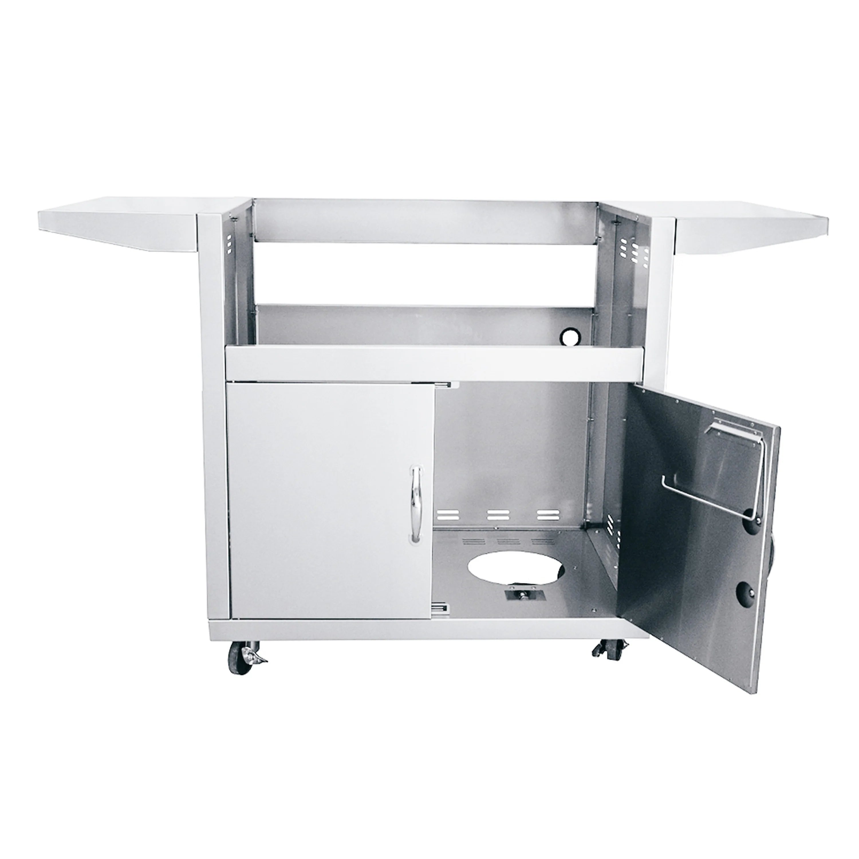 Renaissance stainless cart with one door open, interior shelf, and wheeled base