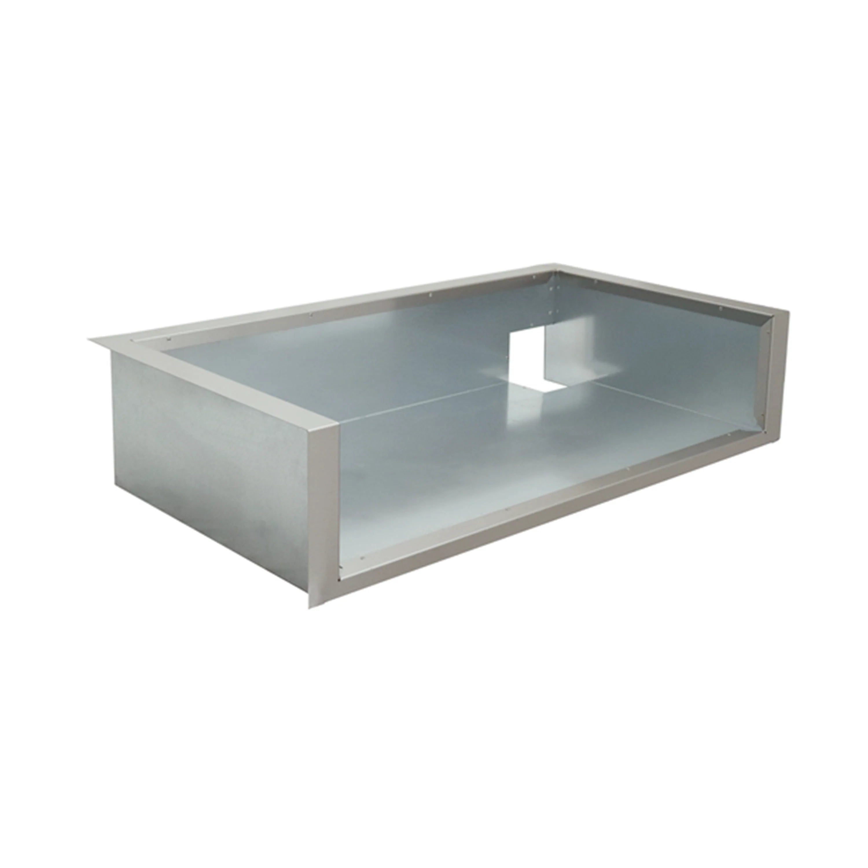 Stainless steel grill liner box with open top and raised side walls, brushed finish