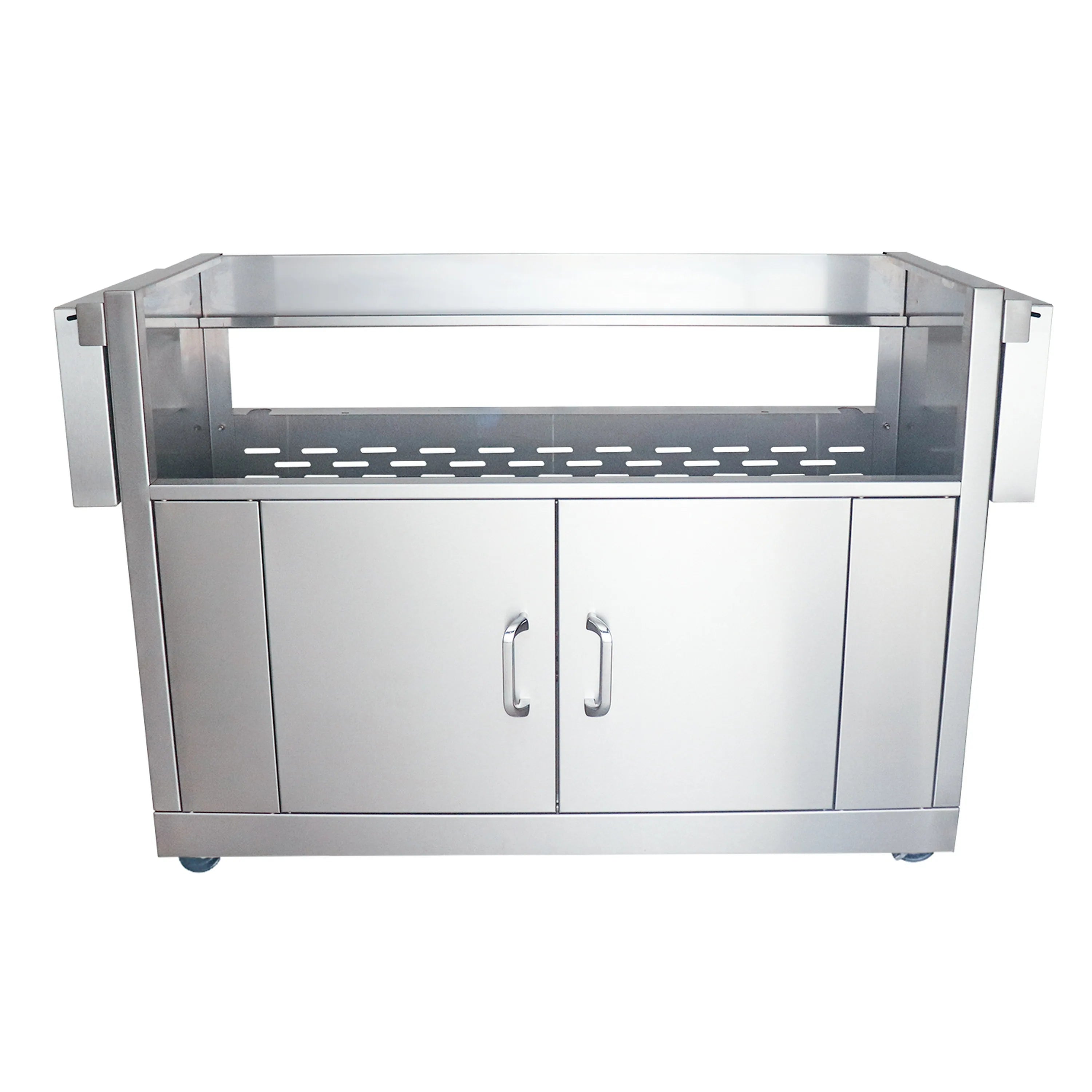 Stainless steel grill cart front view with two cabinet doors and open cooking section