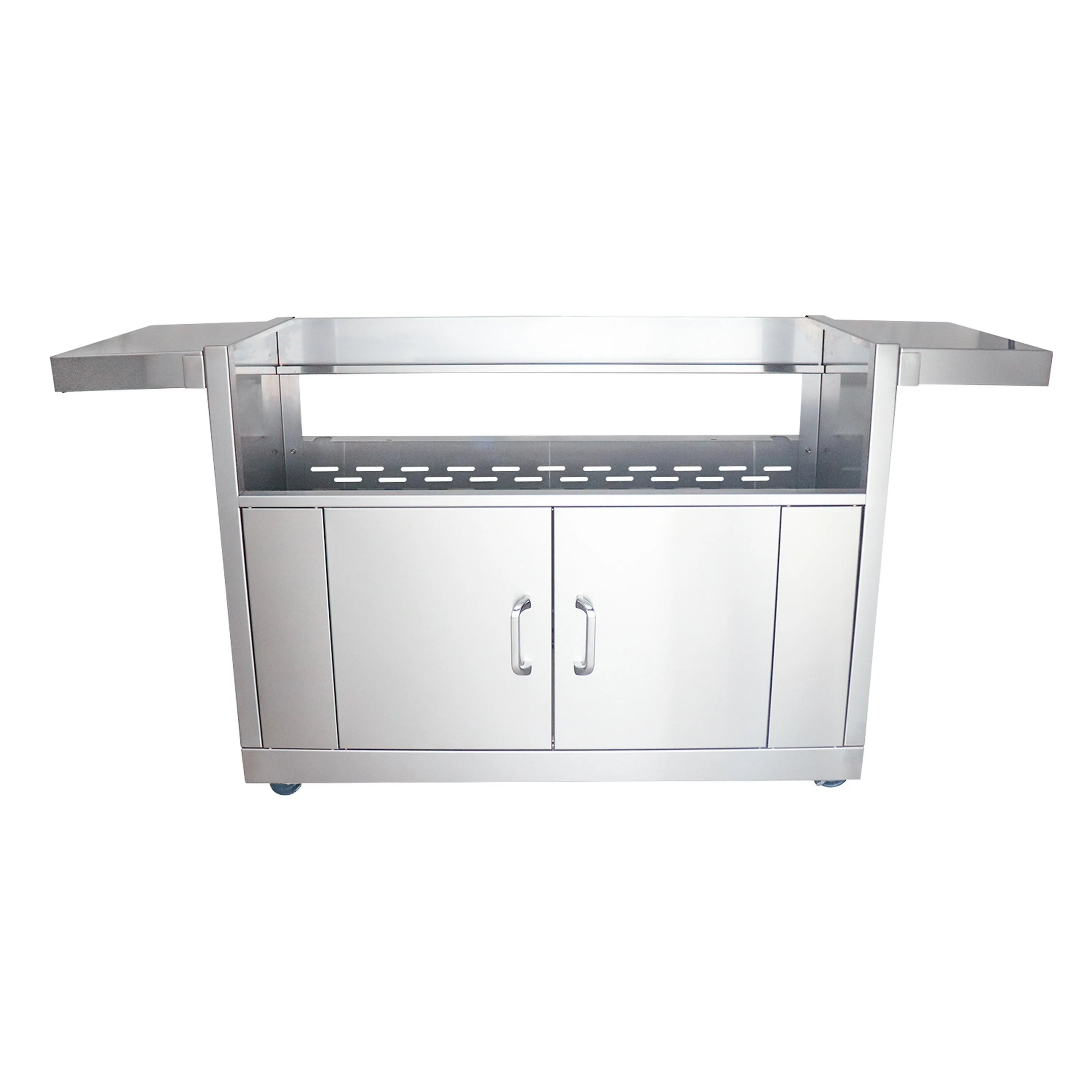Stainless steel grill cart with open cooking area, two cabinet doors, and side shelves
