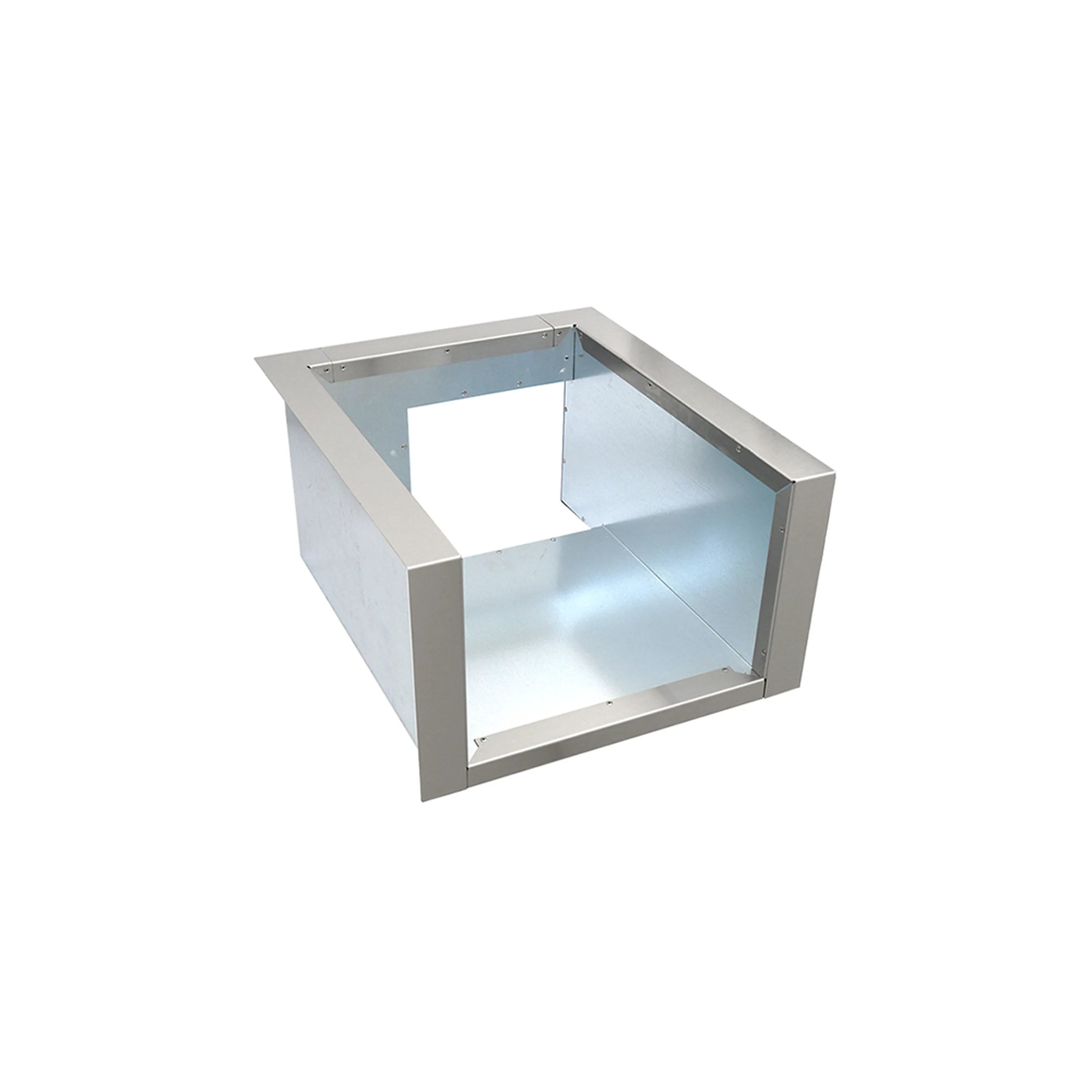 Metal side burner liner jacket, open square frame with angled side panels