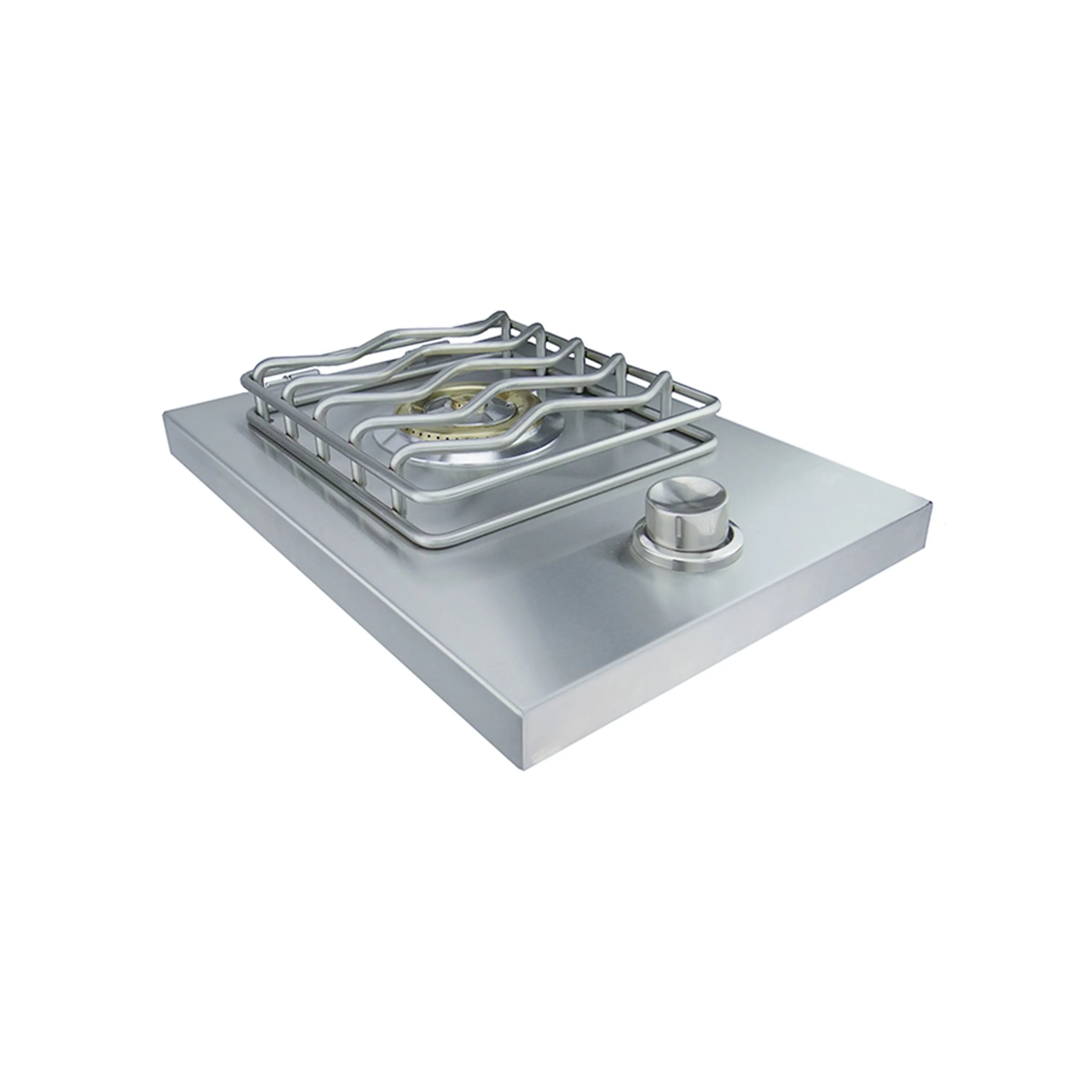 Drop-in natural gas side burner with cast-iron style grate on stainless cooktop