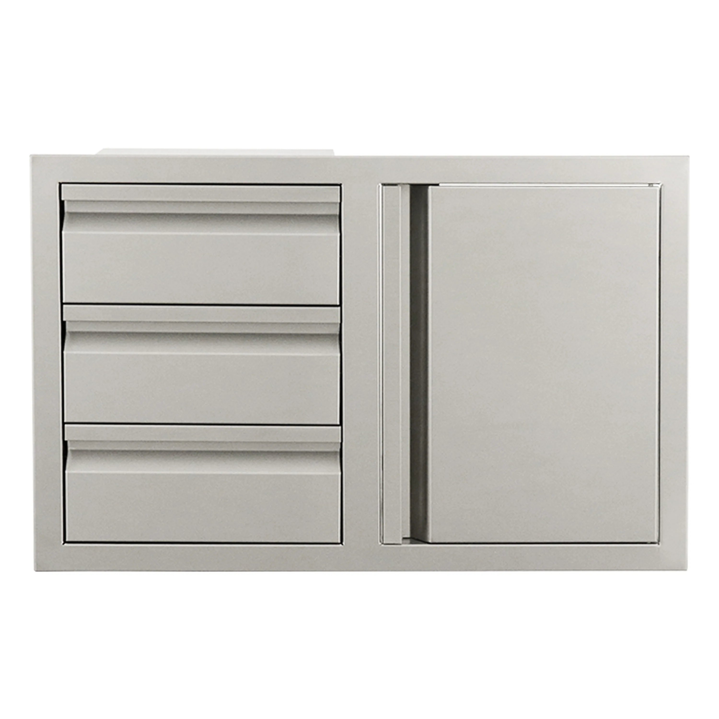 Three-drawer and door cabinet in white, front view with flat panel door