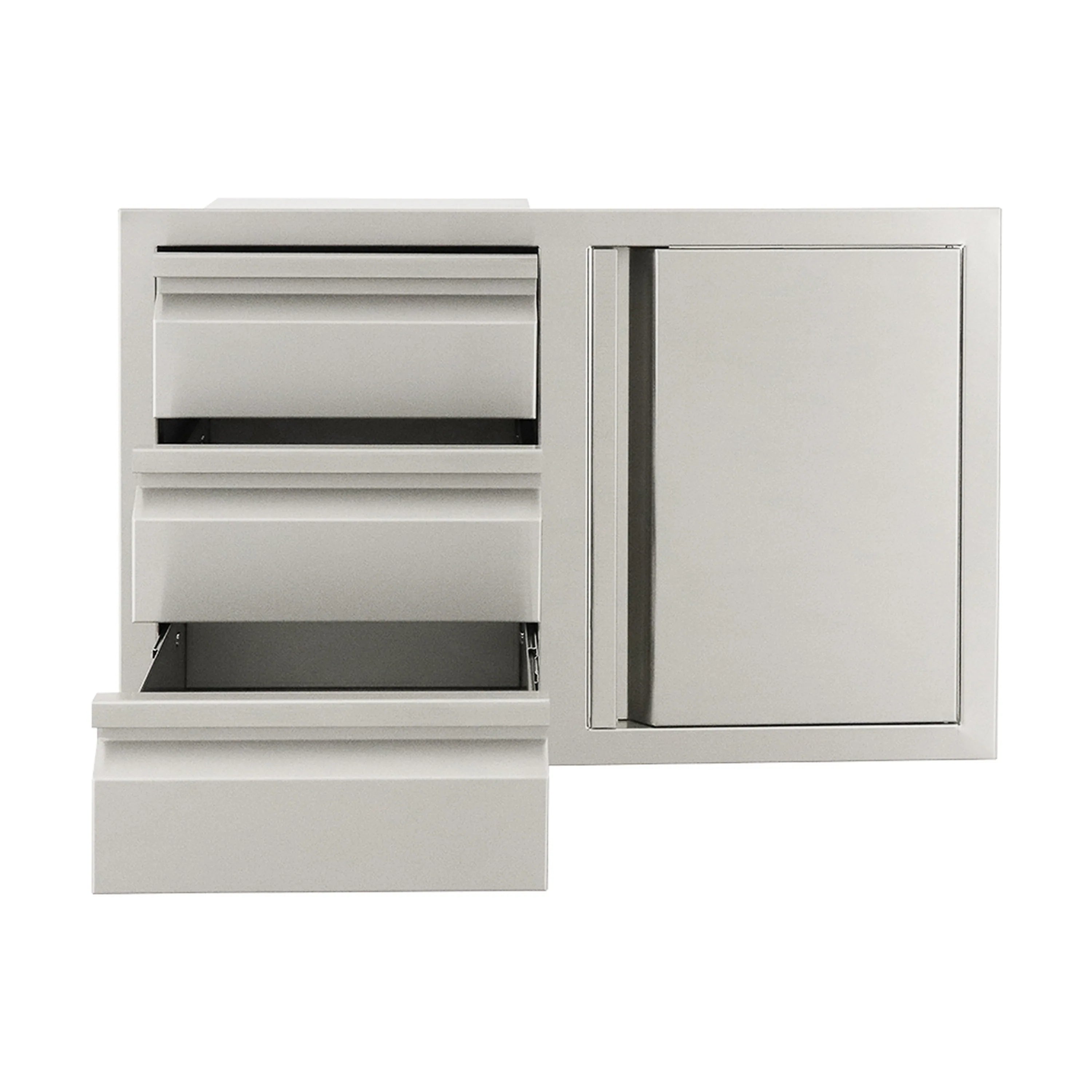 Three-drawer cabinet with right-swing door, drawers opened for storage