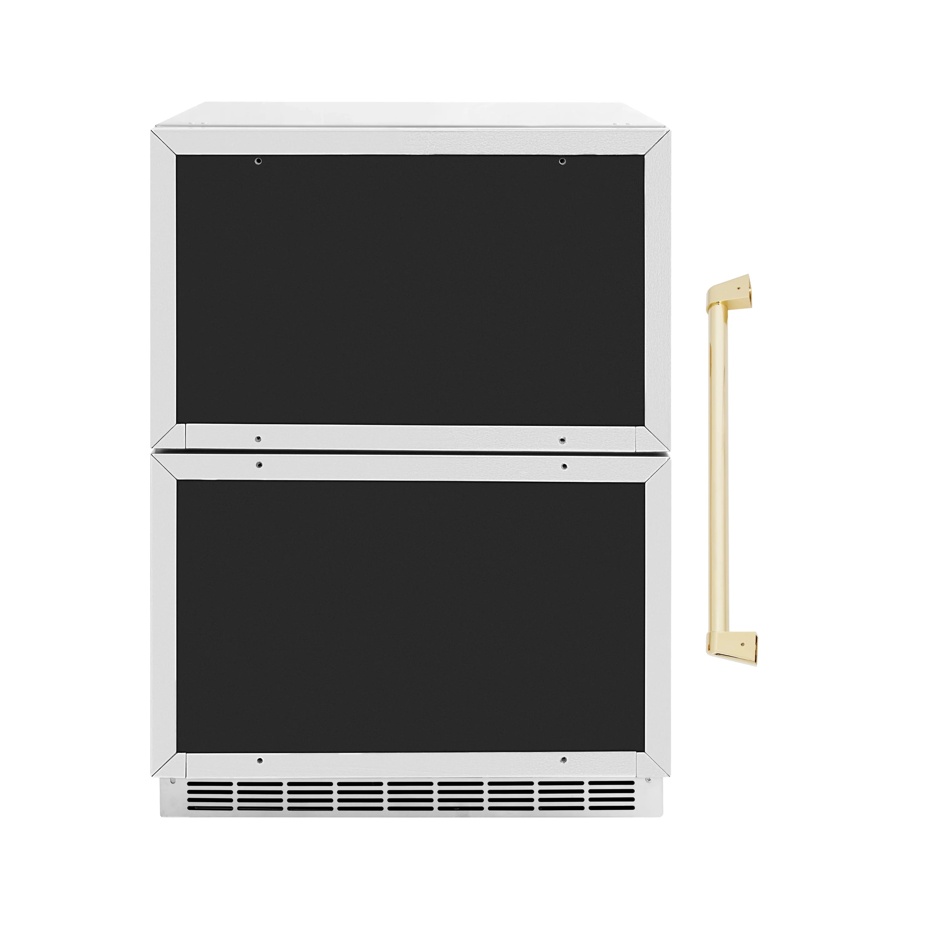 Outdoor dual refrigerator drawer with a gold door handle and vented bottom front