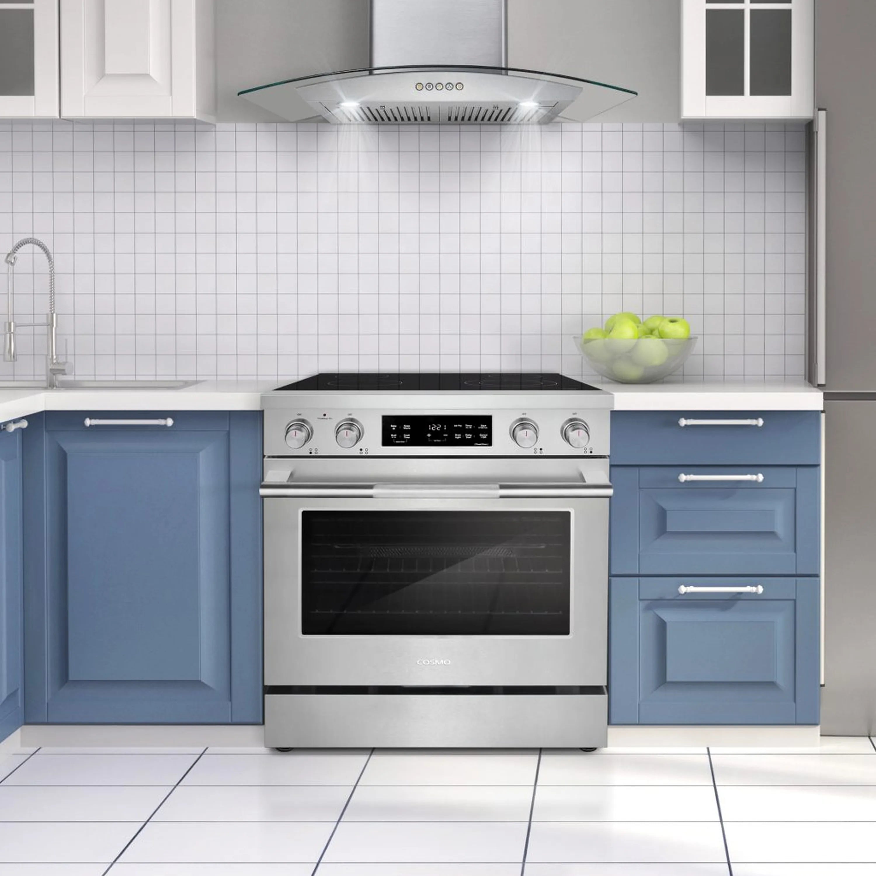 Stainless electric range set in cabinetry with black cooktop and closed oven door