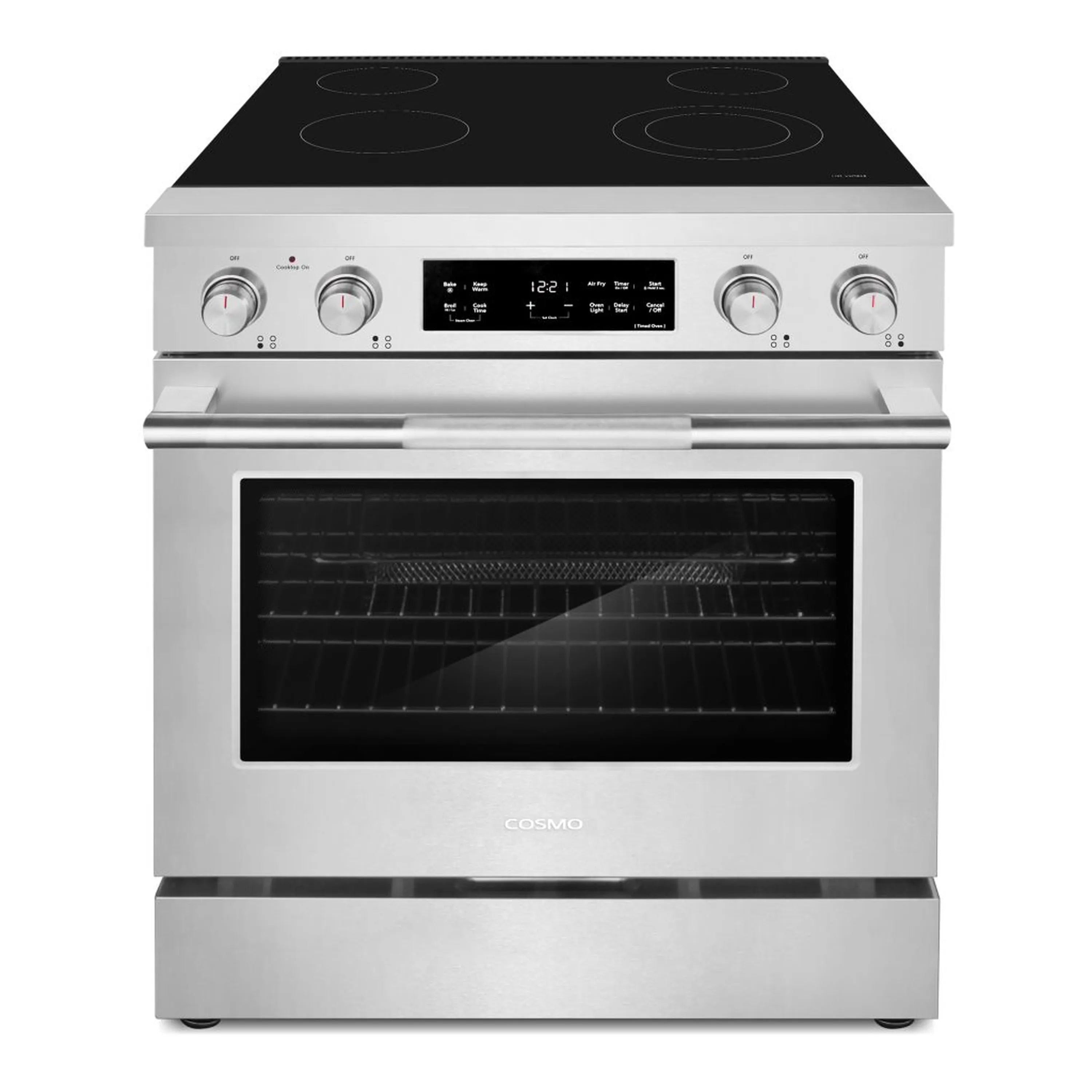 Stainless electric range with black glass cooktop, front control panel, and oven door