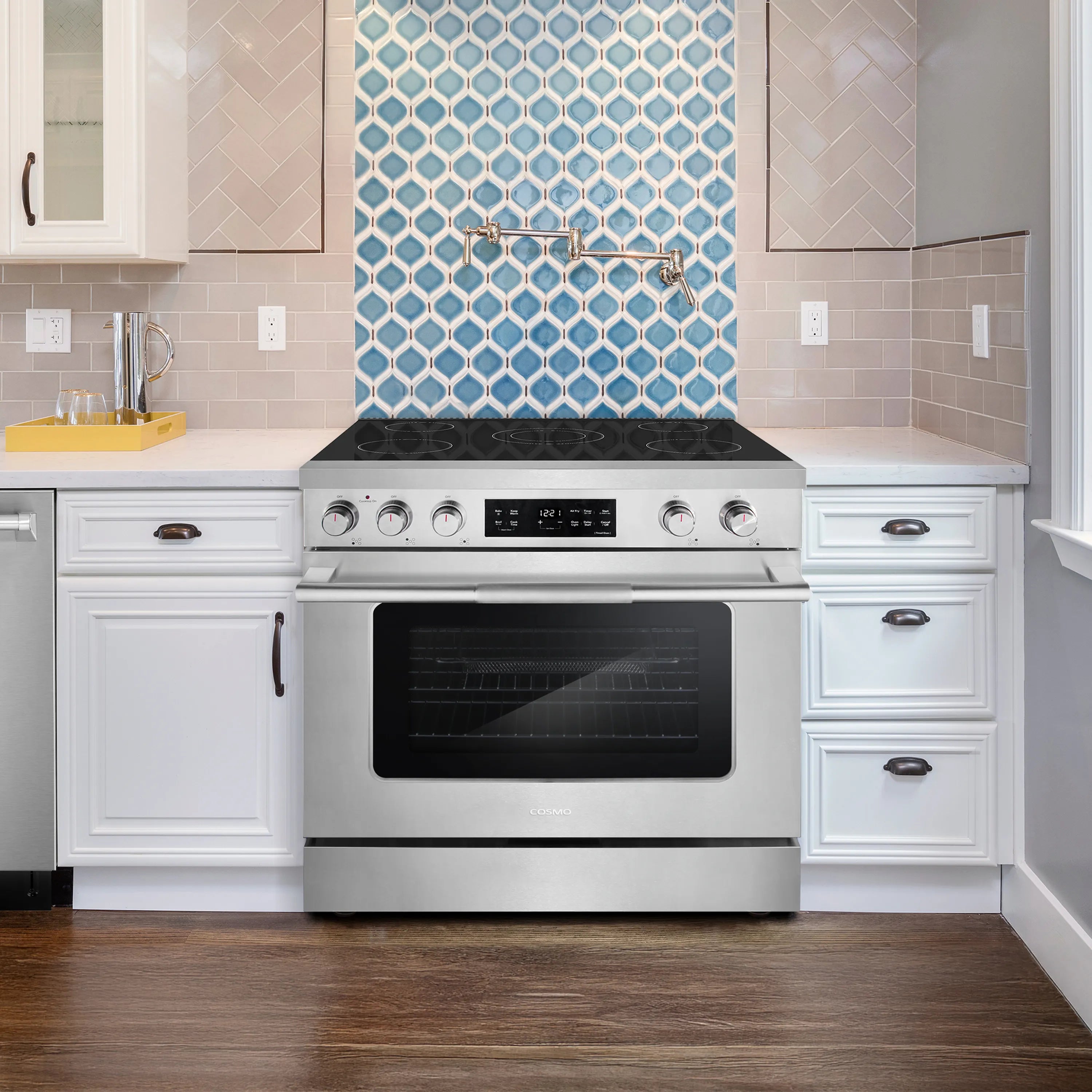 Stainless steel 36-inch electric range with oven door window and front control knobs