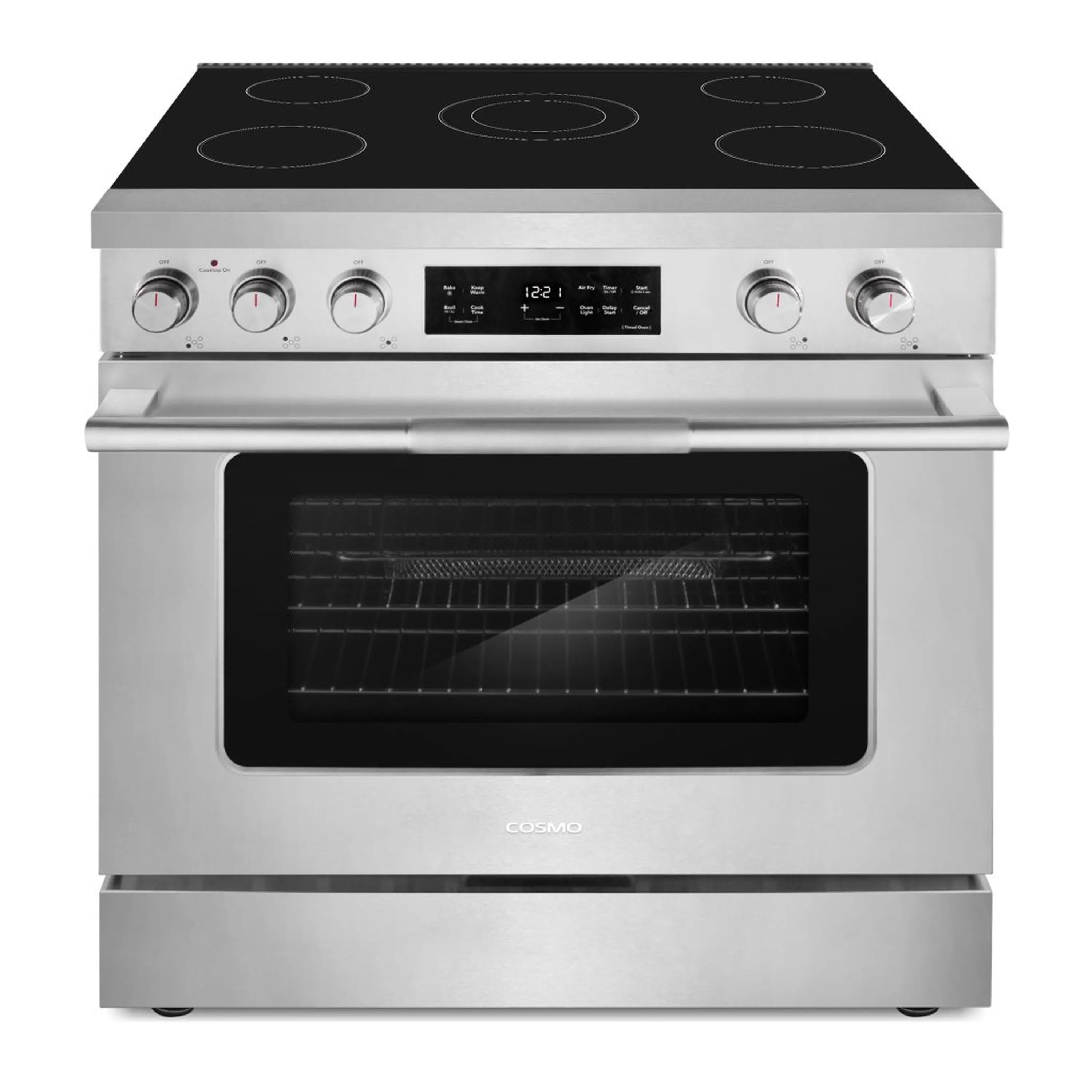 Stainless steel electric range with black glass cooktop and four circular burner zones