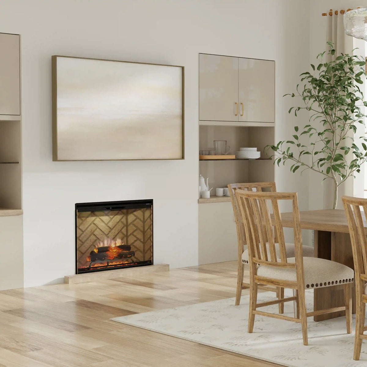 Electric firebox installed in a wall with glass front showing flames and embers