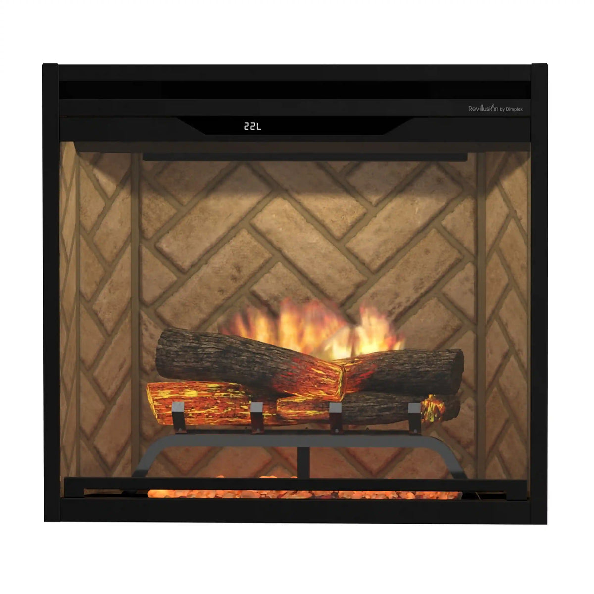 Built-in electric firebox with glowing logs and orange ember bed behind glass