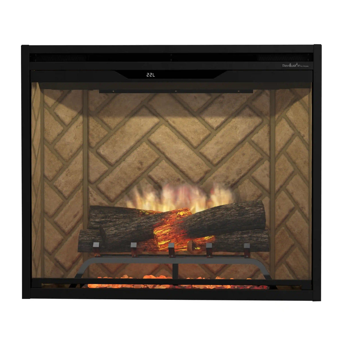 Built-in electric firebox with glass front showing herringbone pattern and glowing logs