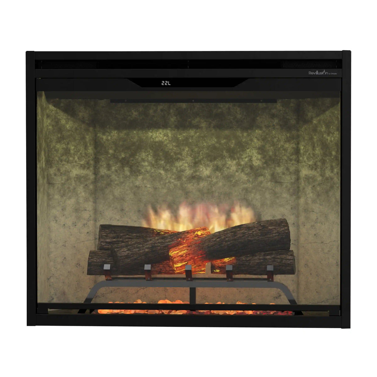Black-framed electric firebox with glass front showing burning logs and embers