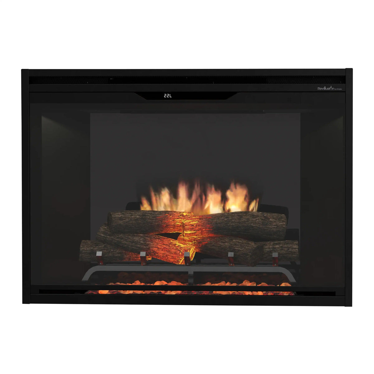 Black built-in electric firebox insert with glowing flames, logs, and ember bed