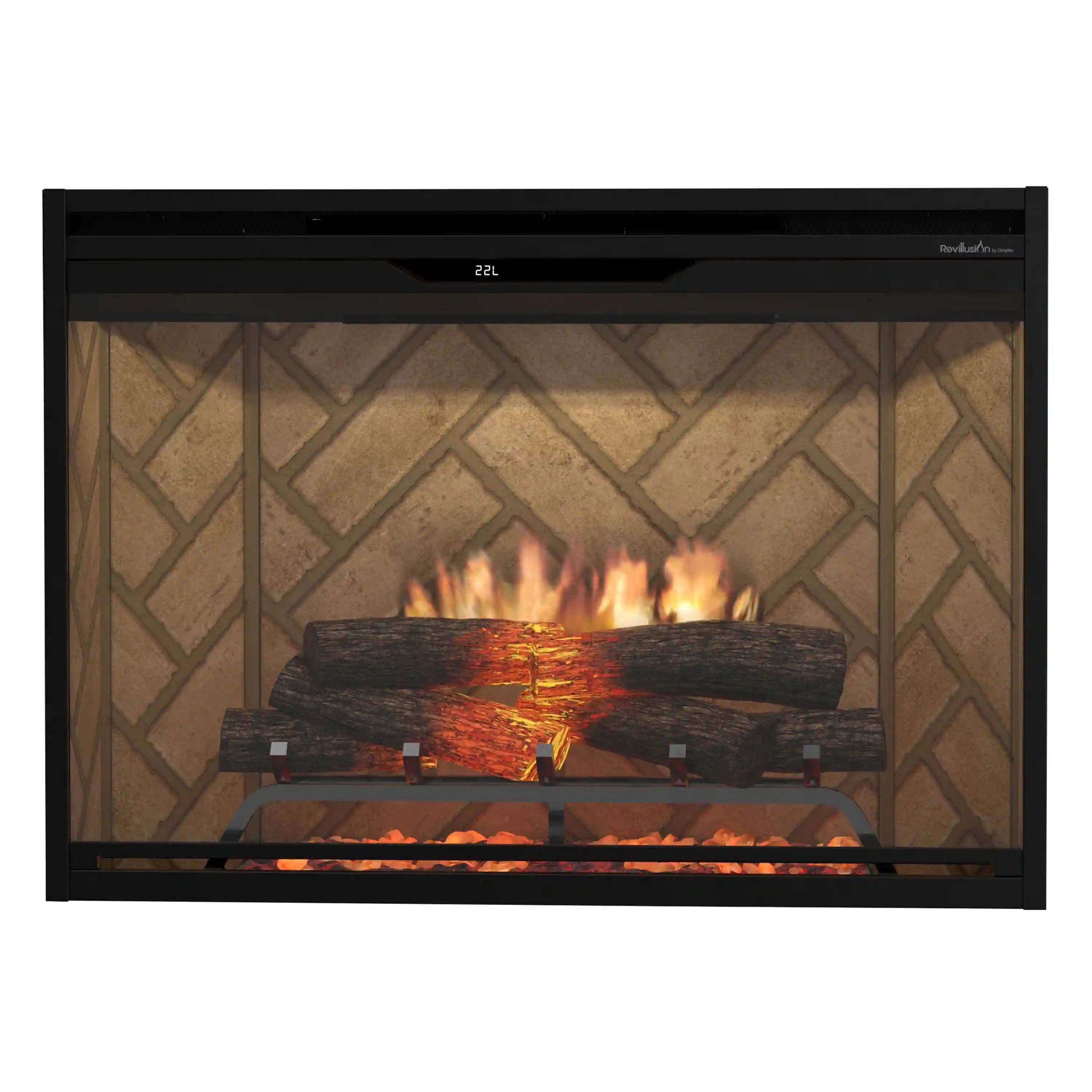 Electric firebox with herringbone back panel, glass front, and glowing logs and embers.