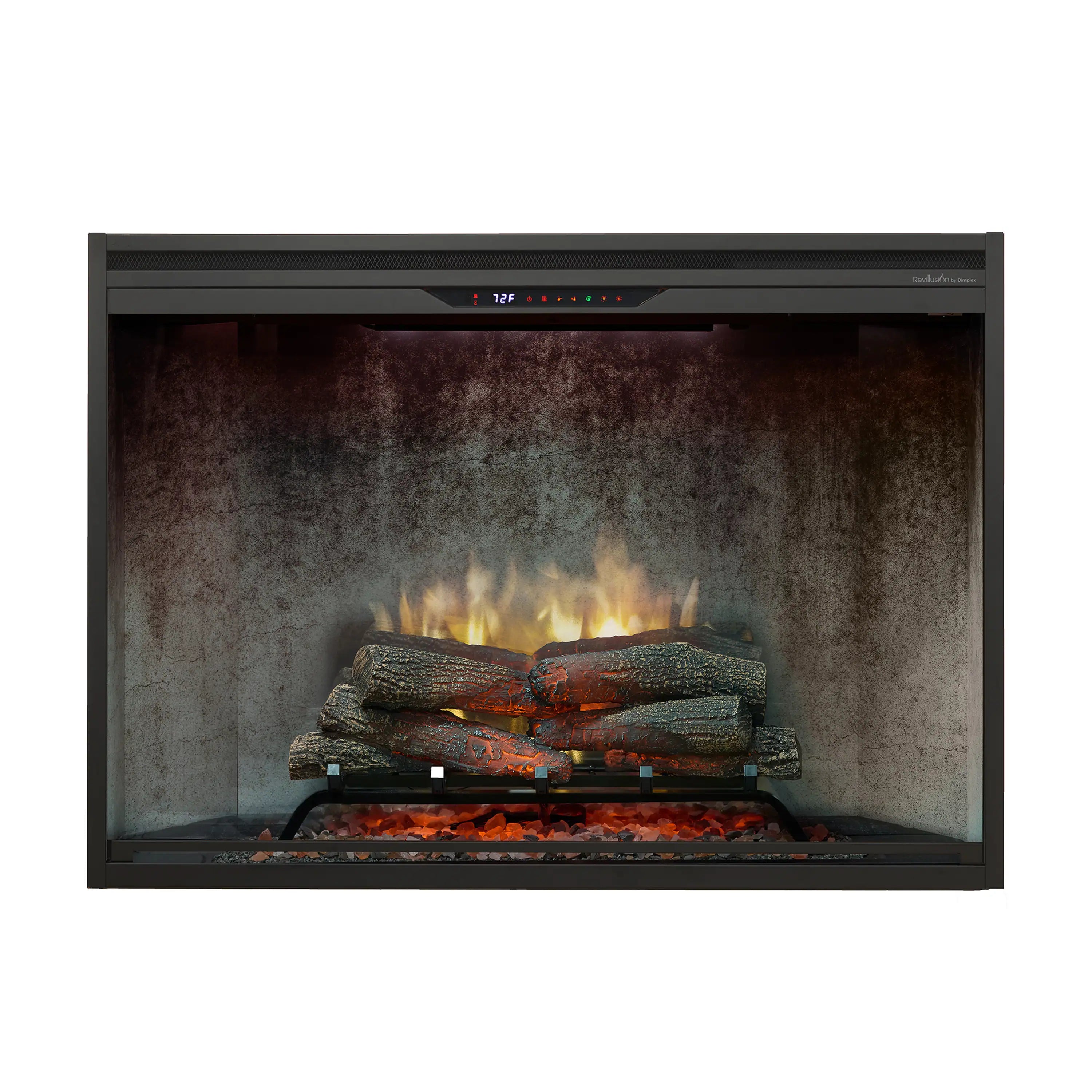 Built-in electric firebox interior with glowing logs and LED flame lighting