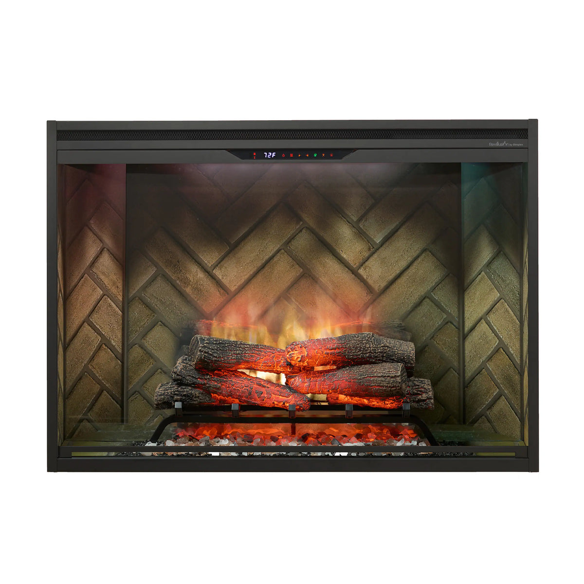 Built-in electric firebox front view with herringbone back panel and burning logs