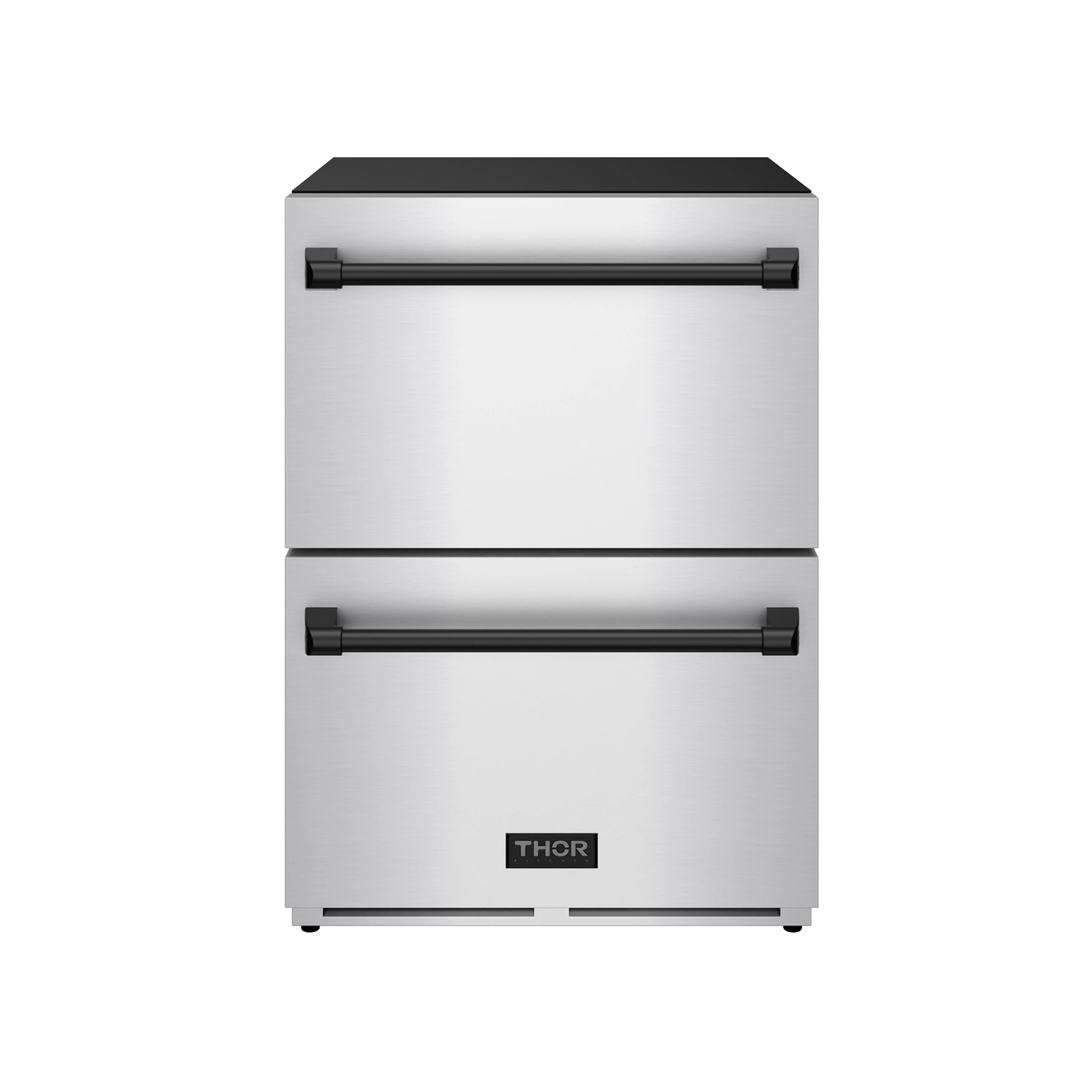 Stainless drawer refrigerator with black trim and two drawer doors with black handles.