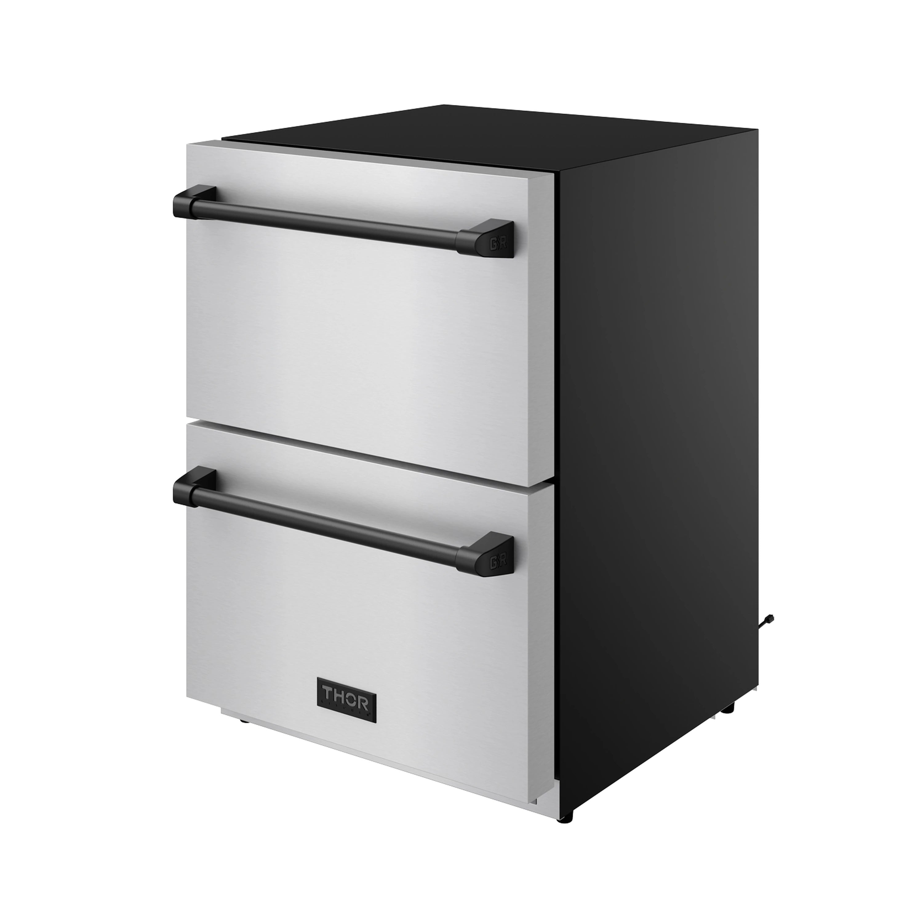 Stainless drawer refrigerator with black side panel and two black pull handles.
