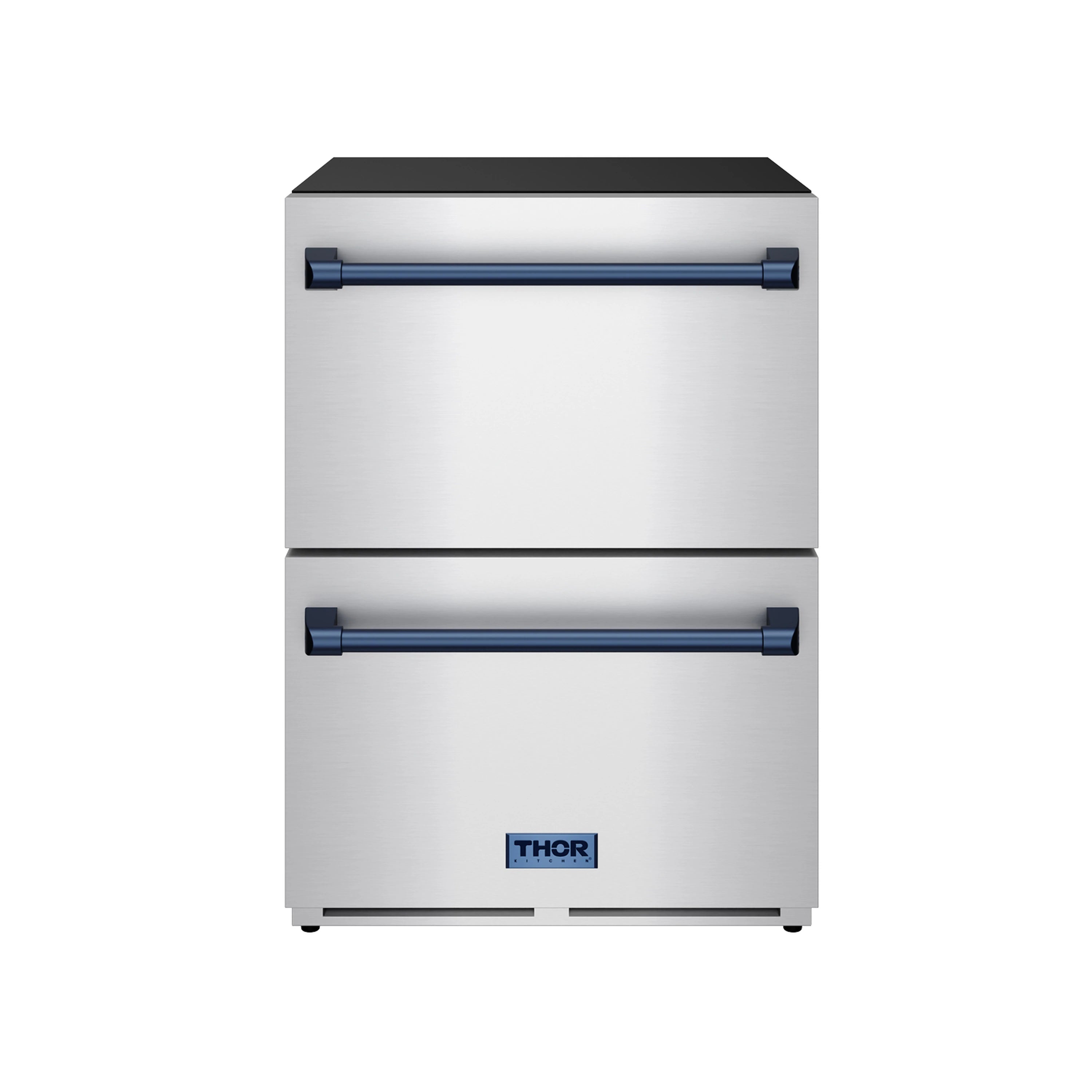 Stainless drawer refrigerator with two blue-trim drawers and black top panel