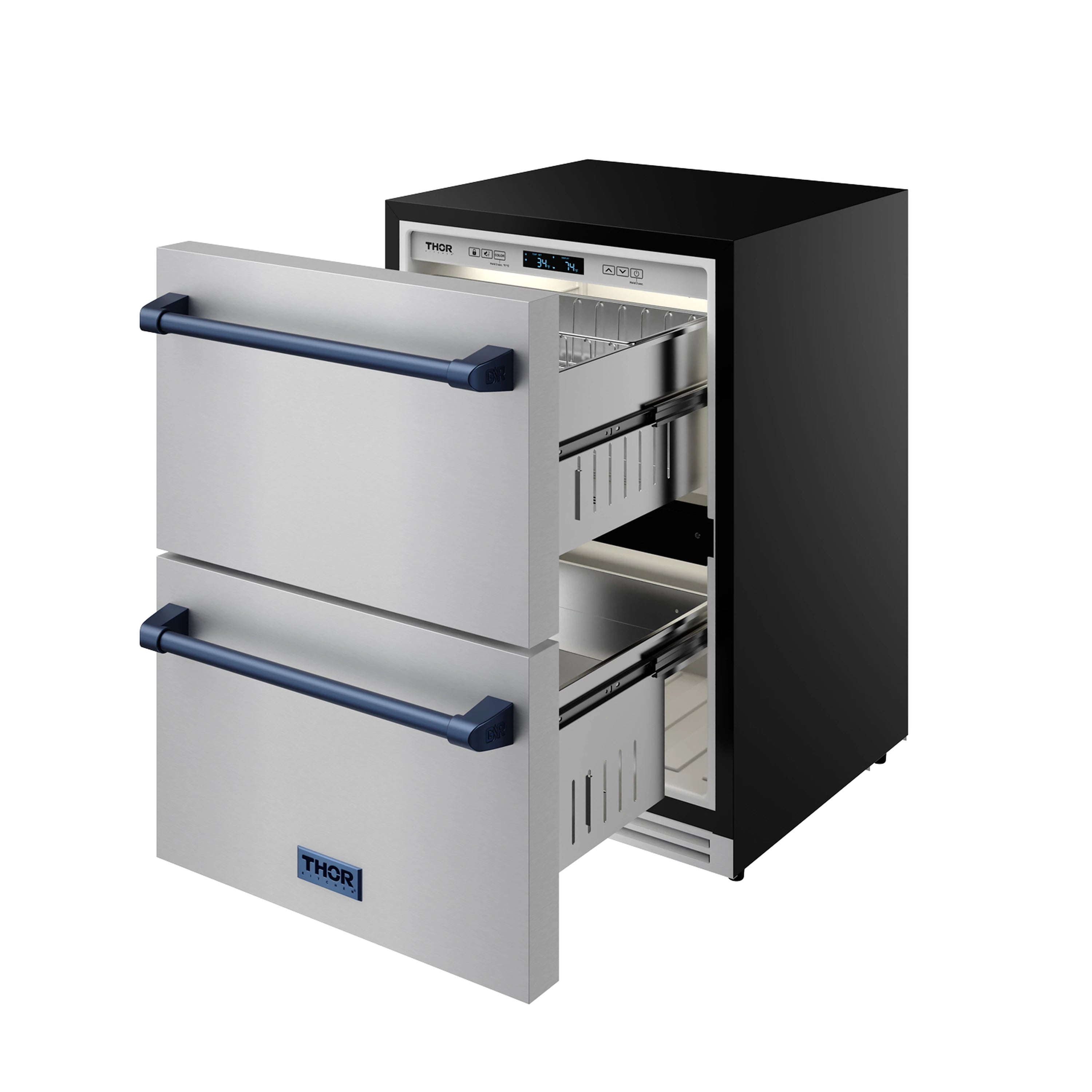 Stainless two-drawer refrigerator with open interior and black upper cover