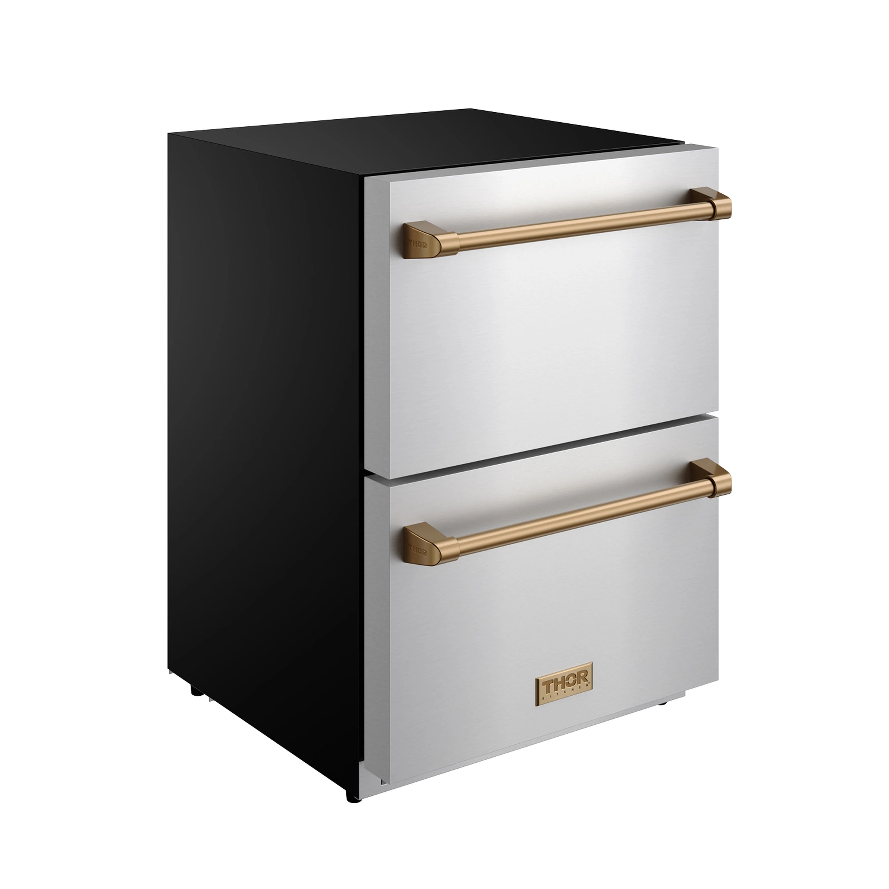 Stainless steel drawer refrigerator with bronze trim handles and black side panel
